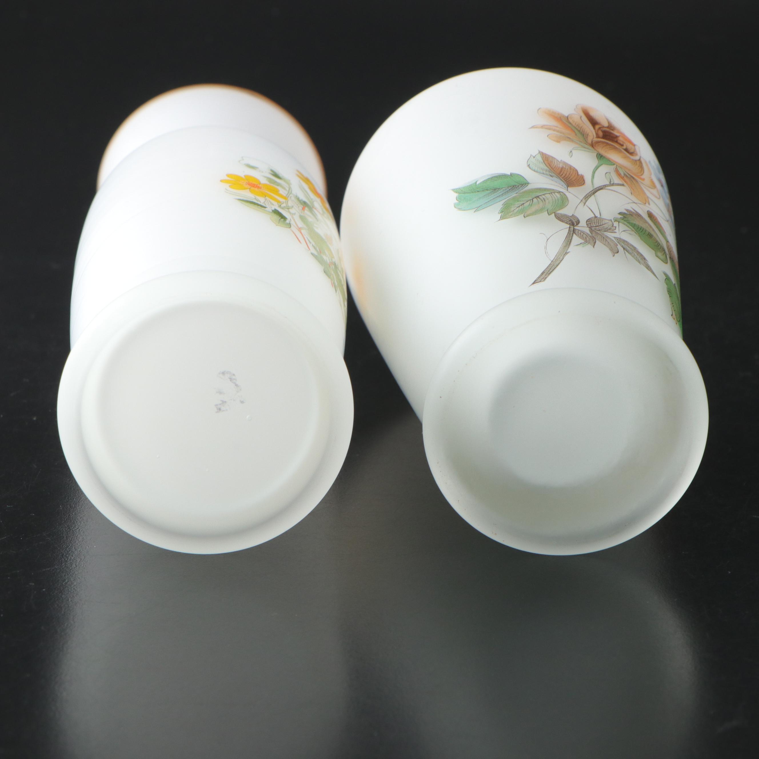 Hand-Painted Blown Glass Vases with Other Milk Glass Vases, Mid to Late 20th C.