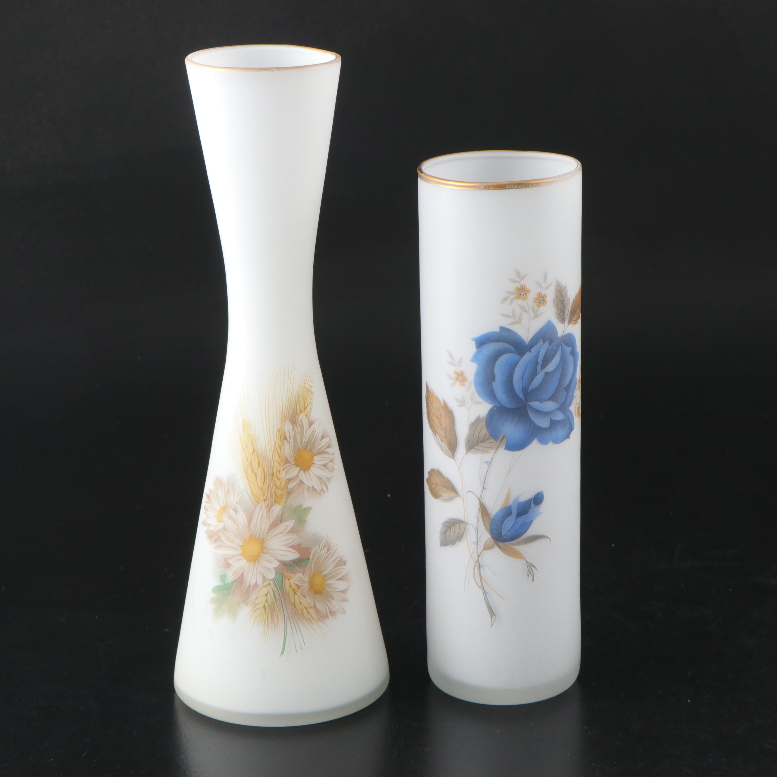 Hand-Painted Blown Glass Vases with Other Milk Glass Vases, Mid to Late 20th C.