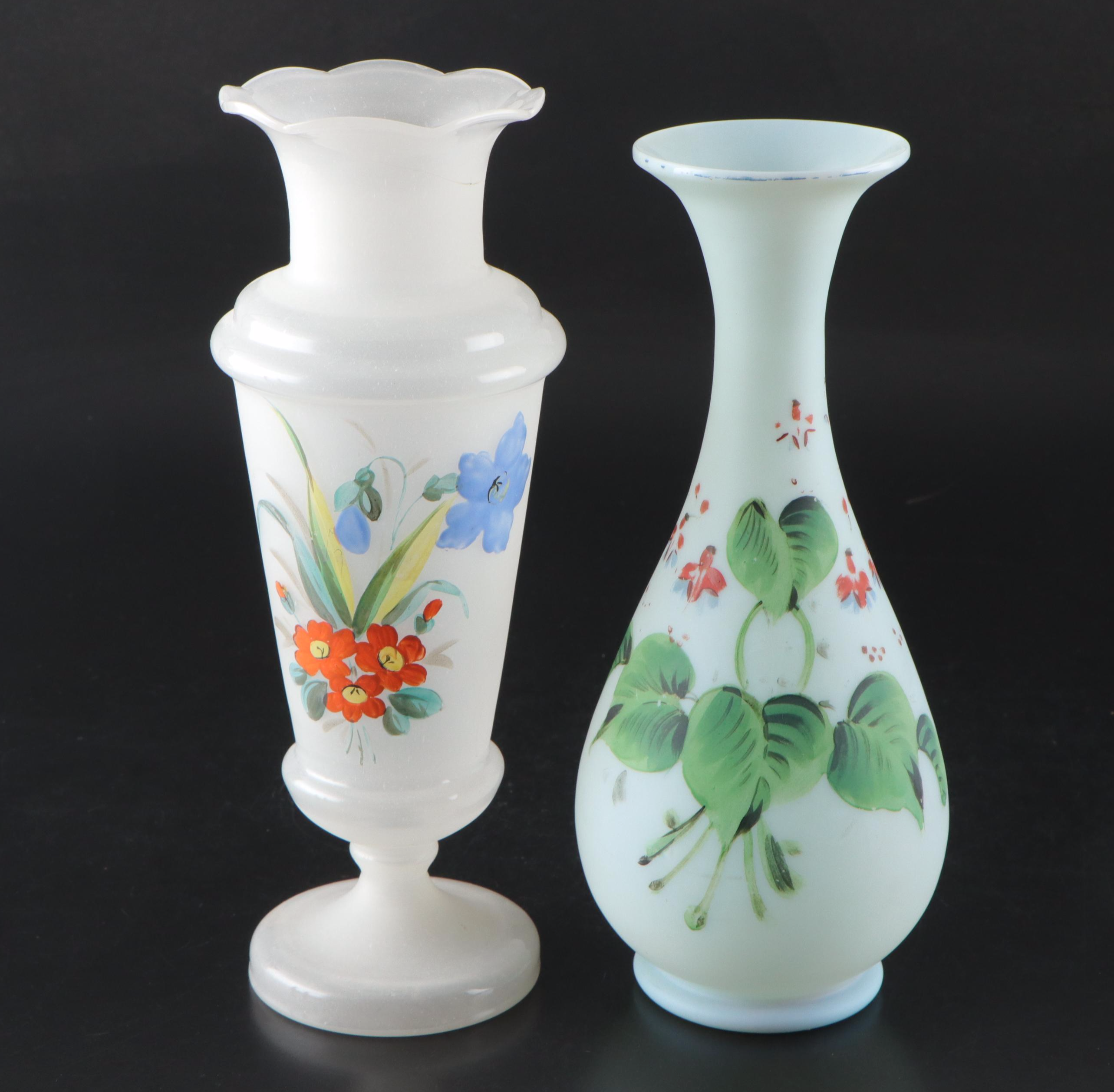 Hand-Painted Blown Glass Vases with Other Milk Glass Vases, Mid to Late 20th C.
