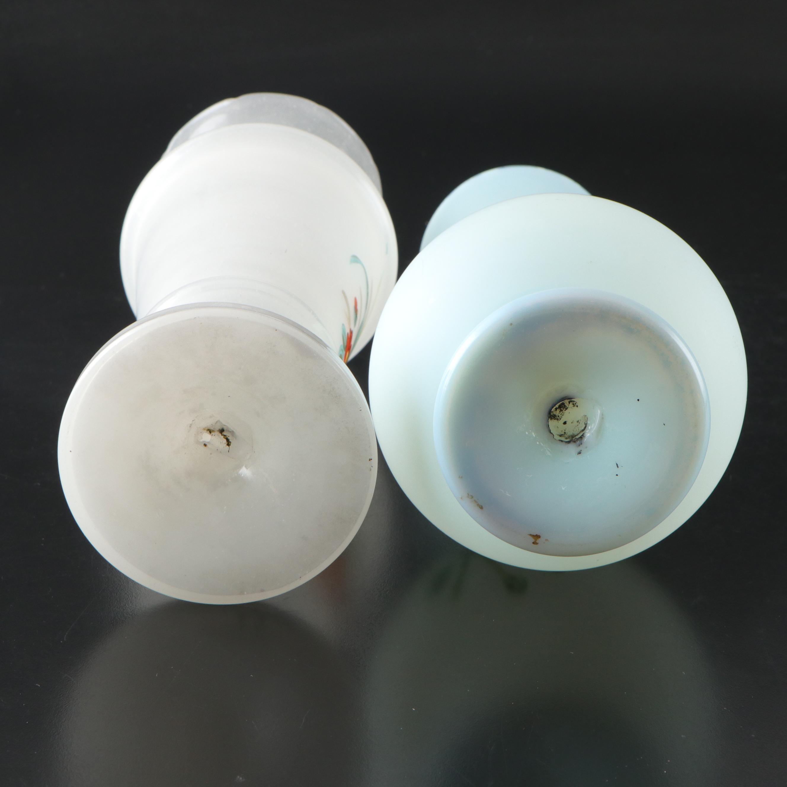 Hand-Painted Blown Glass Vases with Other Milk Glass Vases, Mid to Late 20th C.