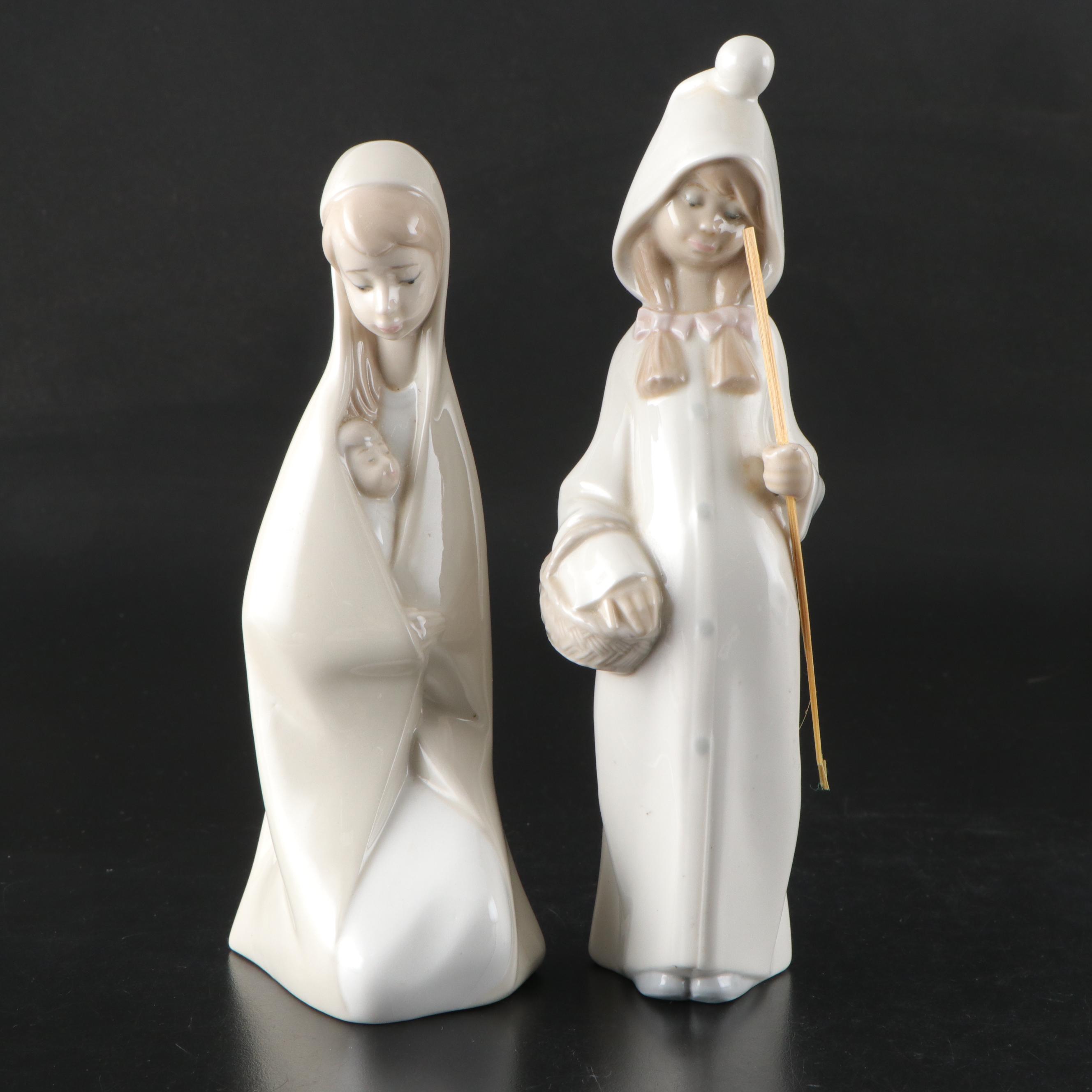 Lladró "Girl with Child" & "Shepherdess" Porcelain Figurines, Late 20th Century