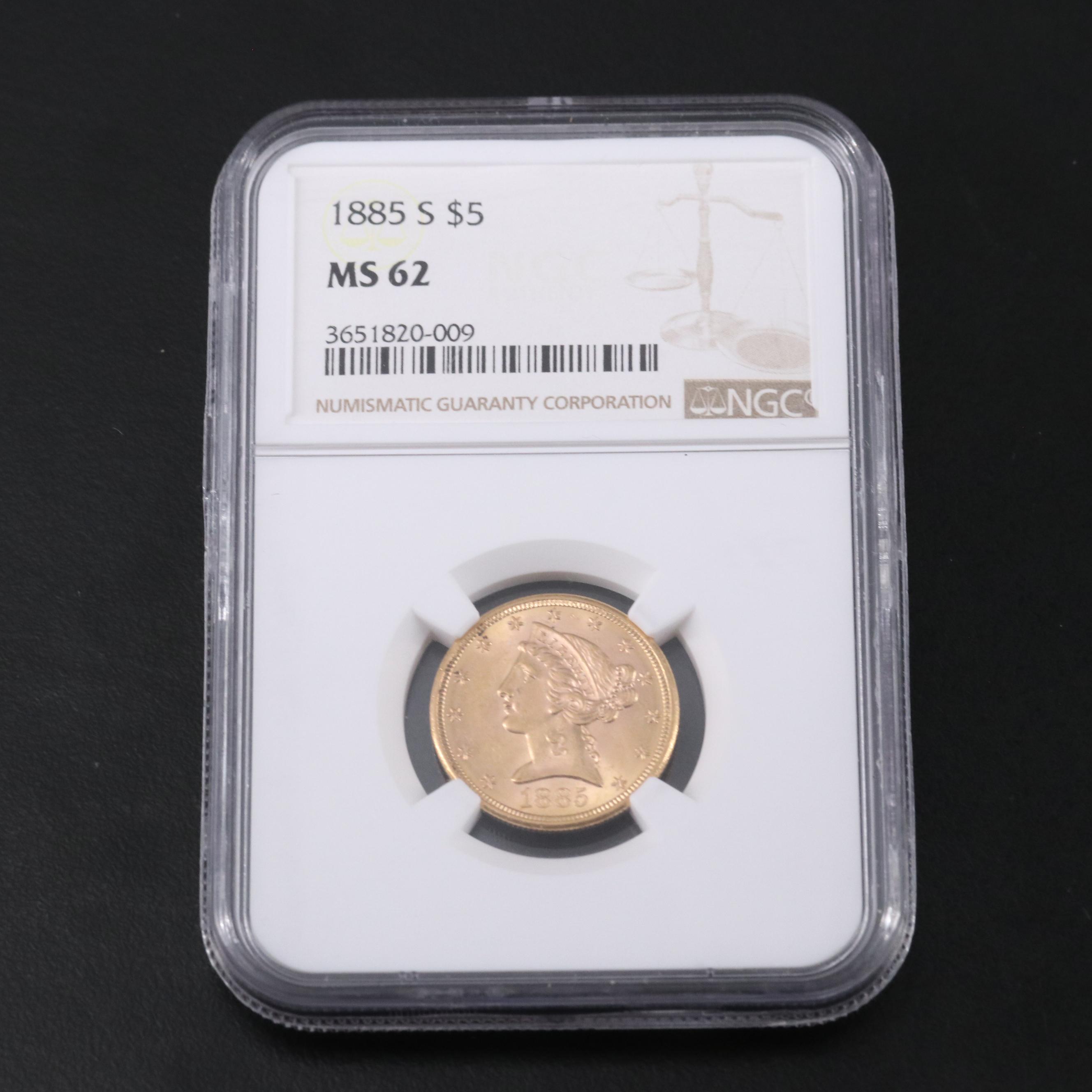 NGC MS62 1885-S Liberty Head $5 Gold Coin