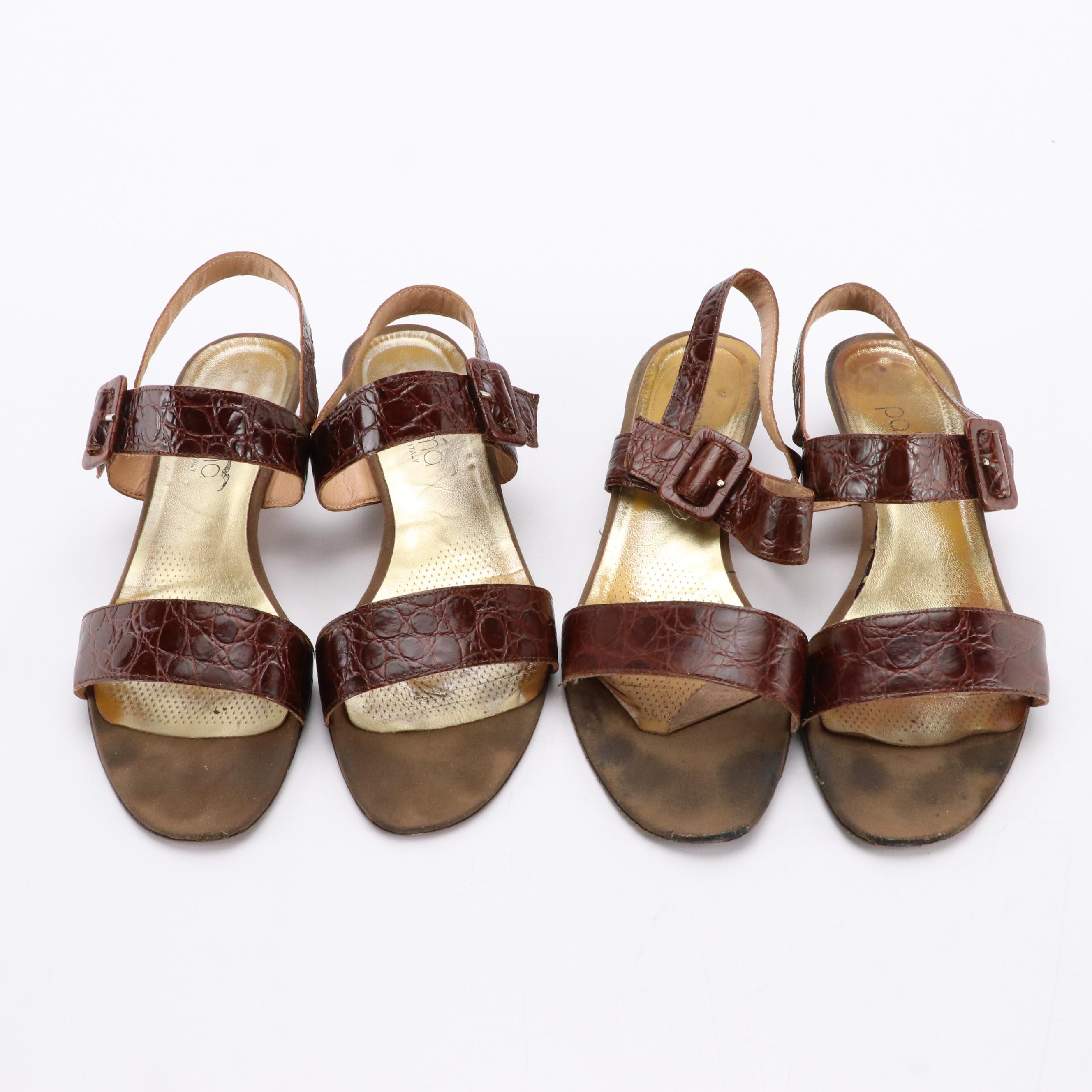 Paloma Lapel Slingback Sandals in Nutmeg Croc Embossed Leather with Boxes