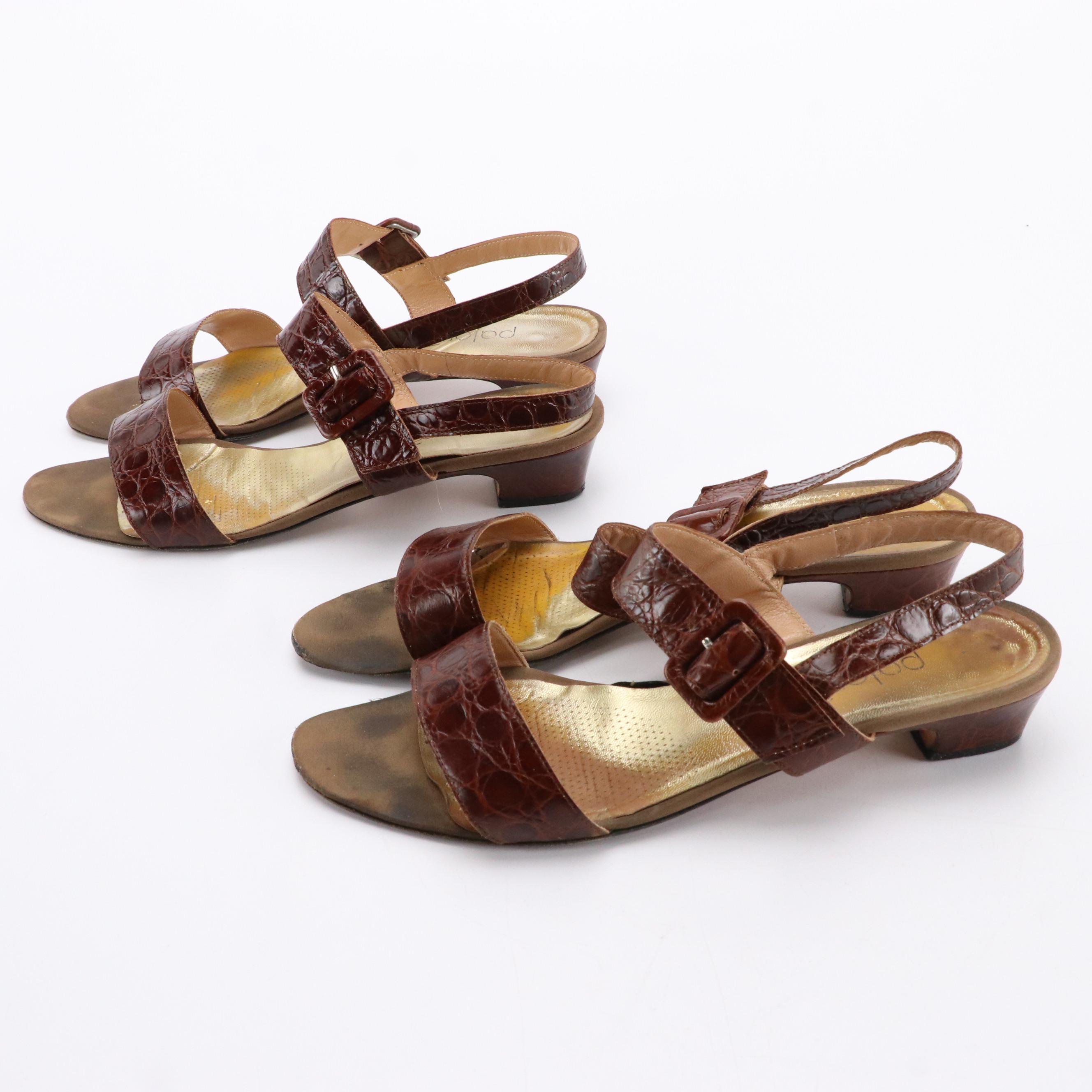 Paloma Lapel Slingback Sandals in Nutmeg Croc Embossed Leather with Boxes