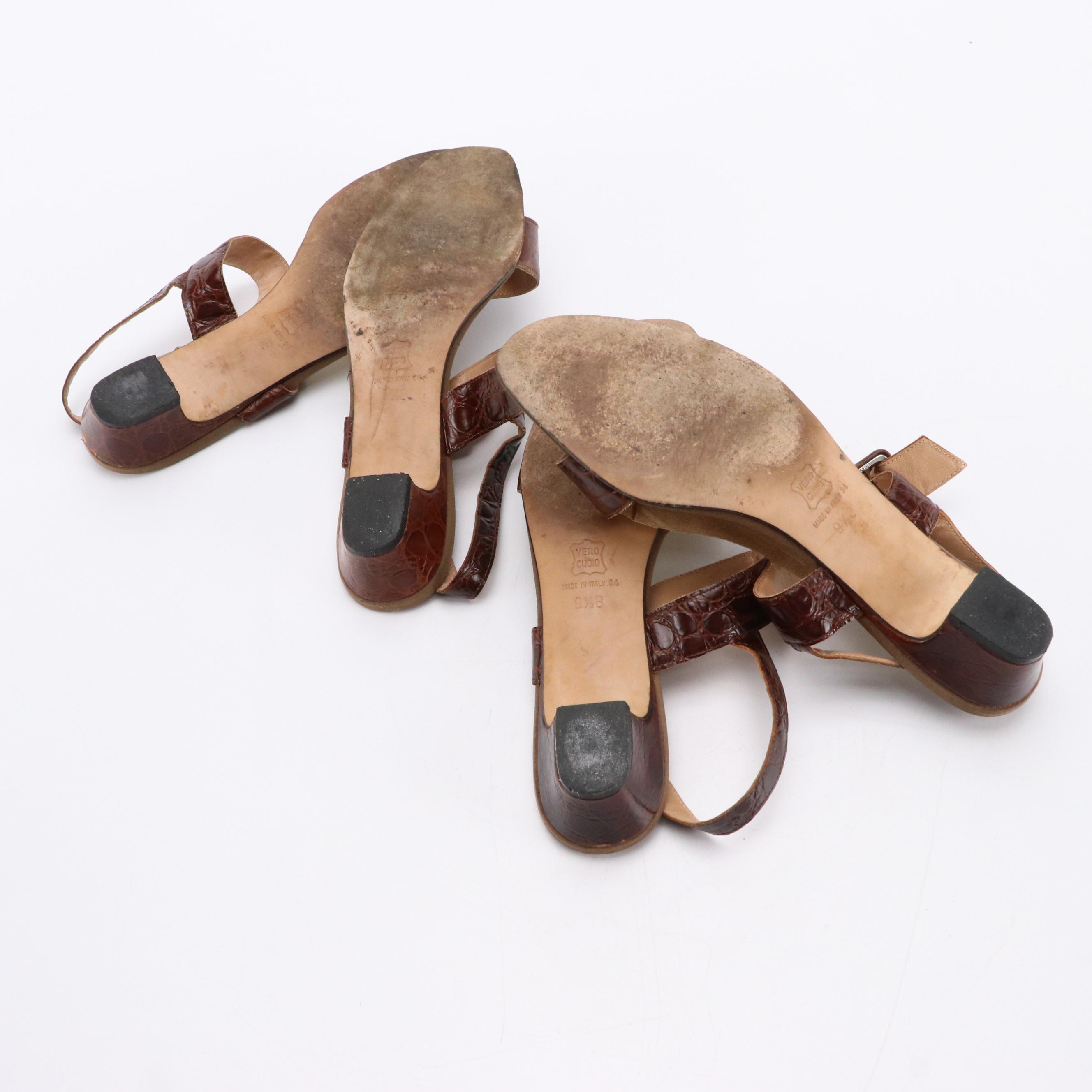 Paloma Lapel Slingback Sandals in Nutmeg Croc Embossed Leather with Boxes