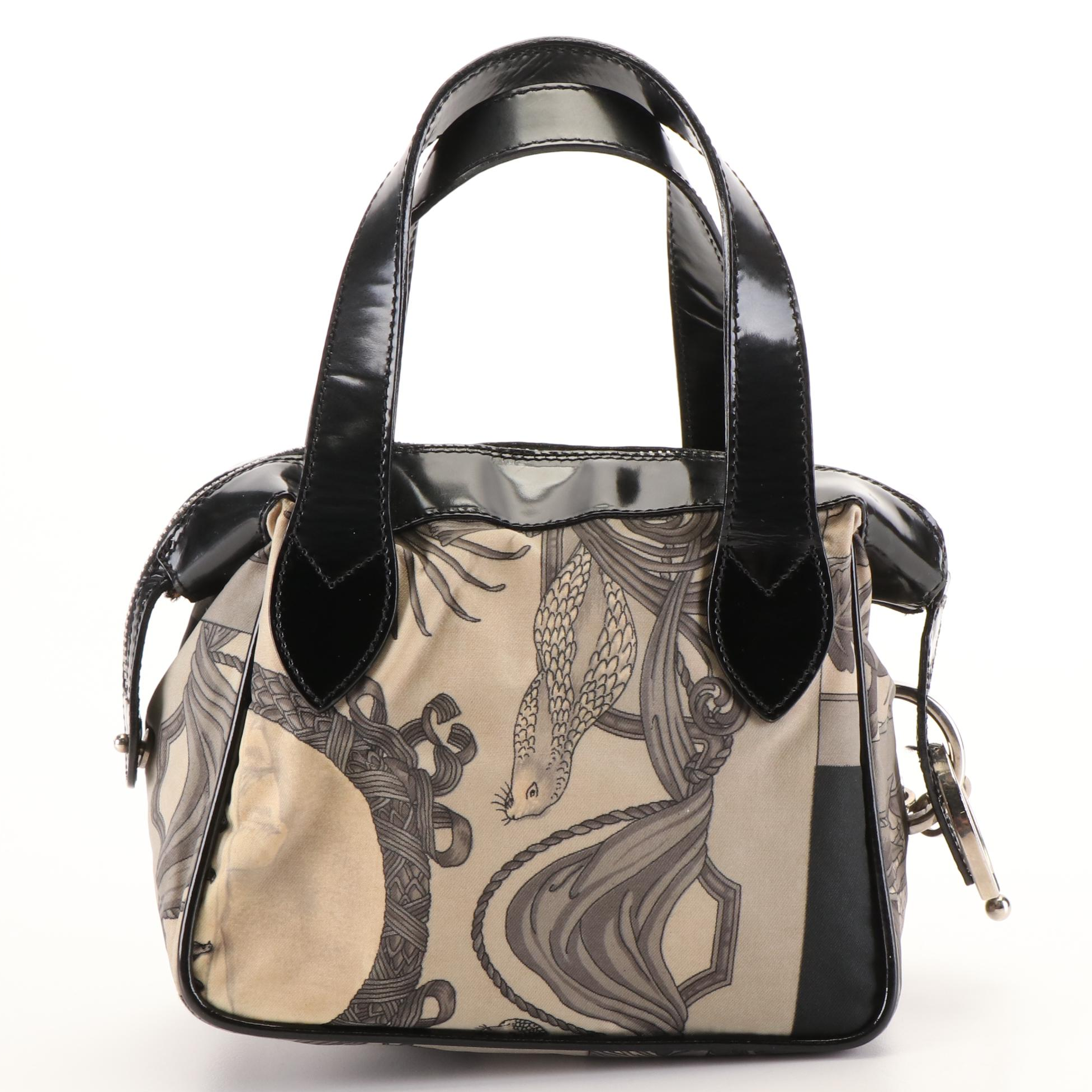 Salvatore Ferragamo Printed Nylon and Patent Leather Small Zippered Tote Bag