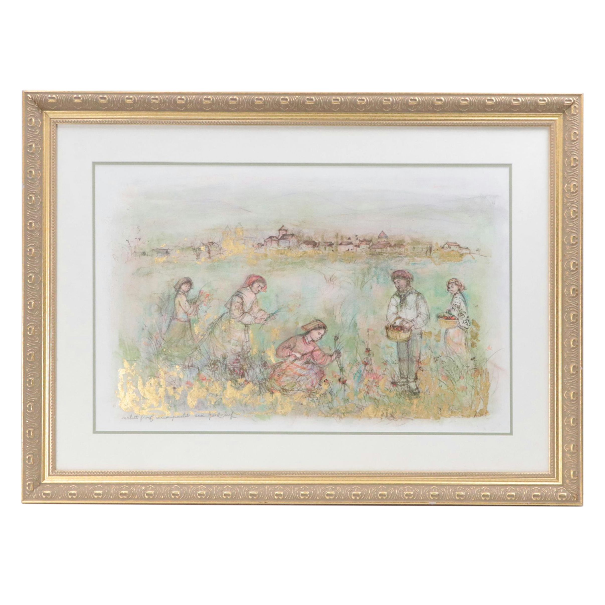 Edna Hibel Lithograph With Pastel and Gold Leaf "Tuscan Fields"