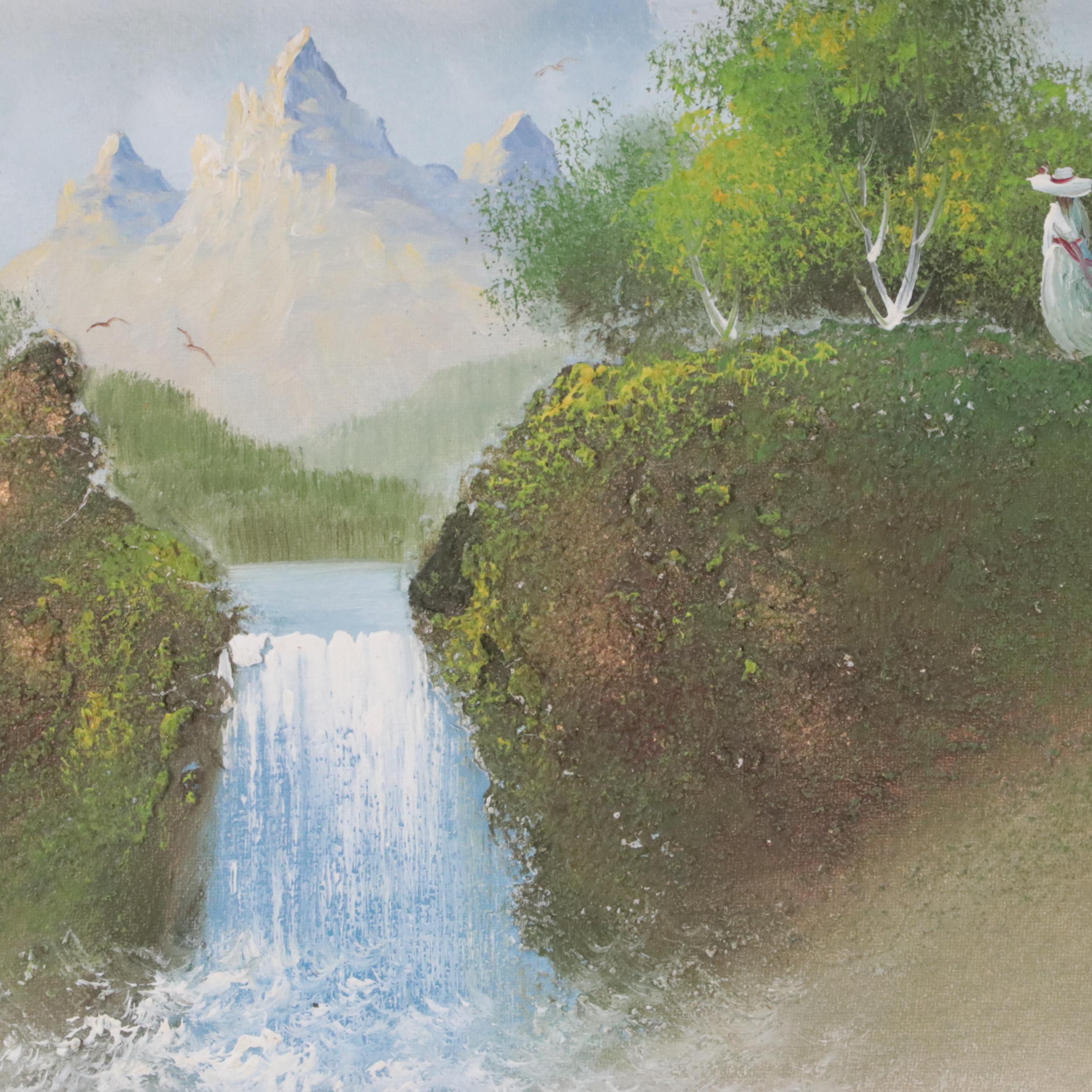 Idyllic Waterfall Landscape With Figure, Circa 1980