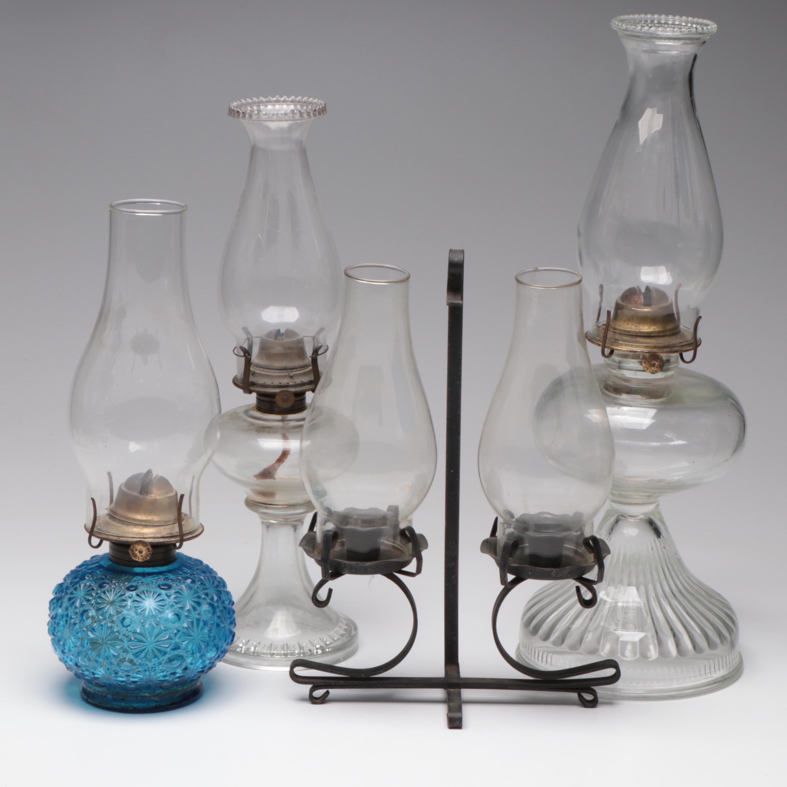Pressed Glass Oil Lamps and Forged Metal Double Candle Stand