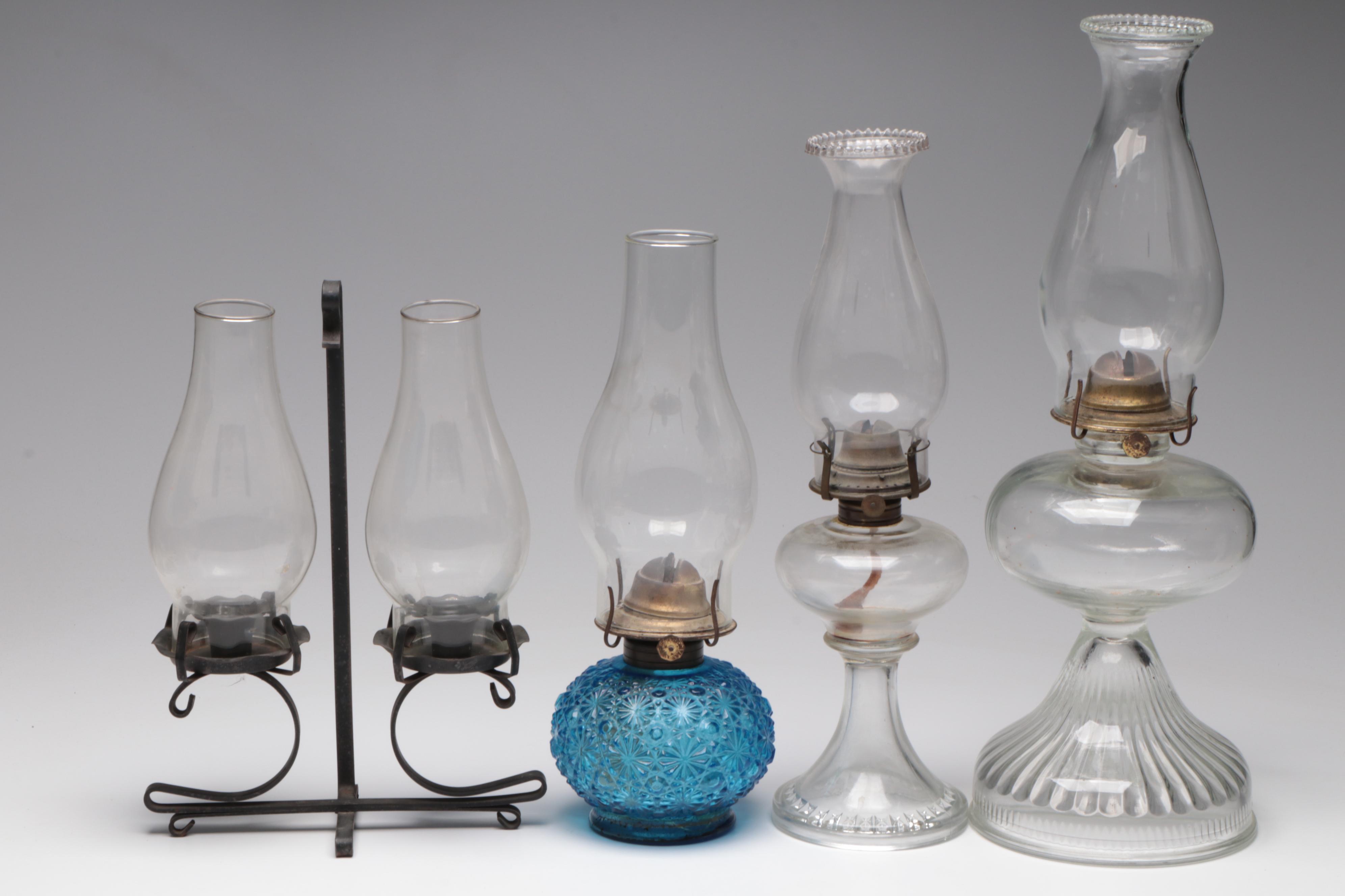 Pressed Glass Oil Lamps and Forged Metal Double Candle Stand