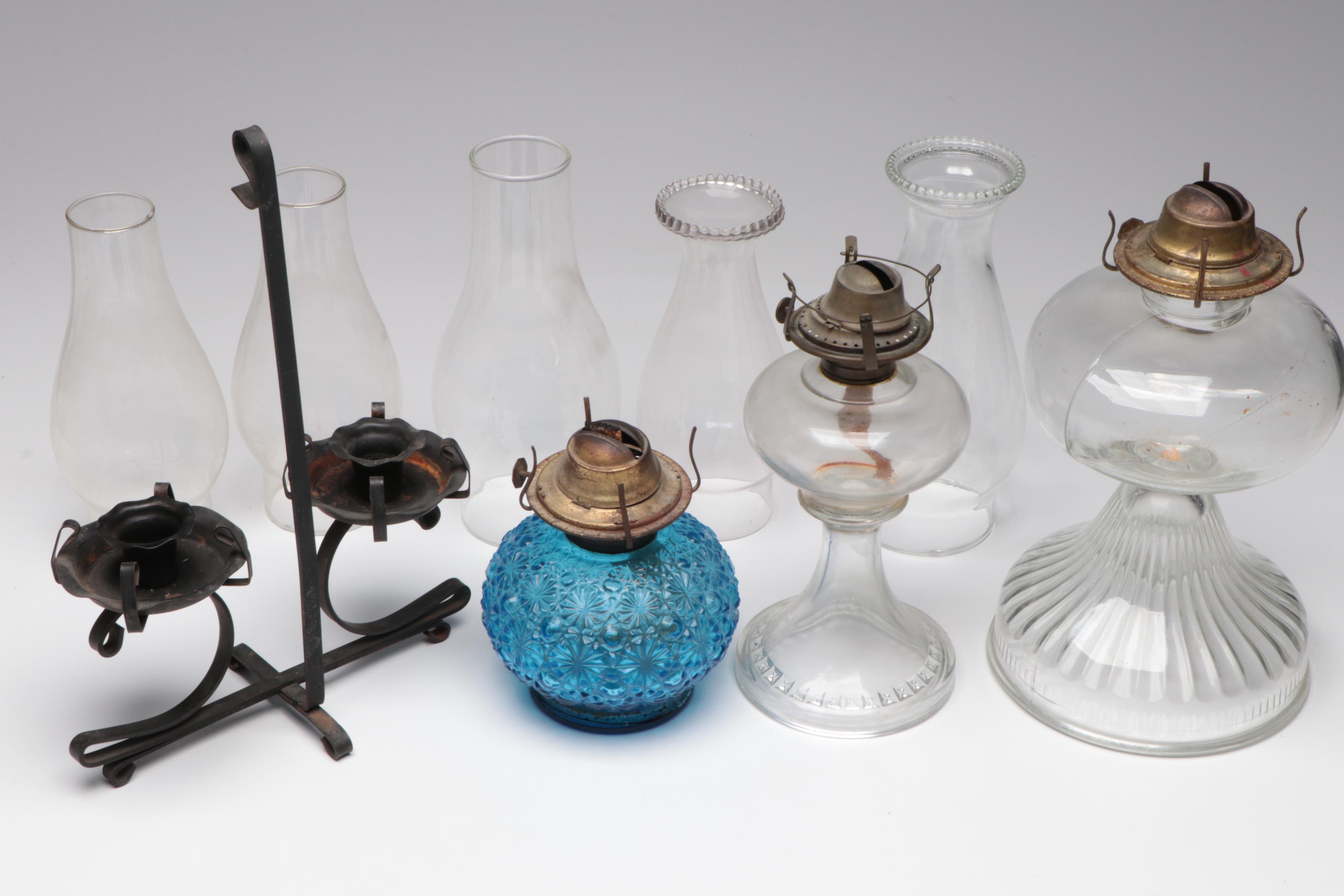 Pressed Glass Oil Lamps and Forged Metal Double Candle Stand
