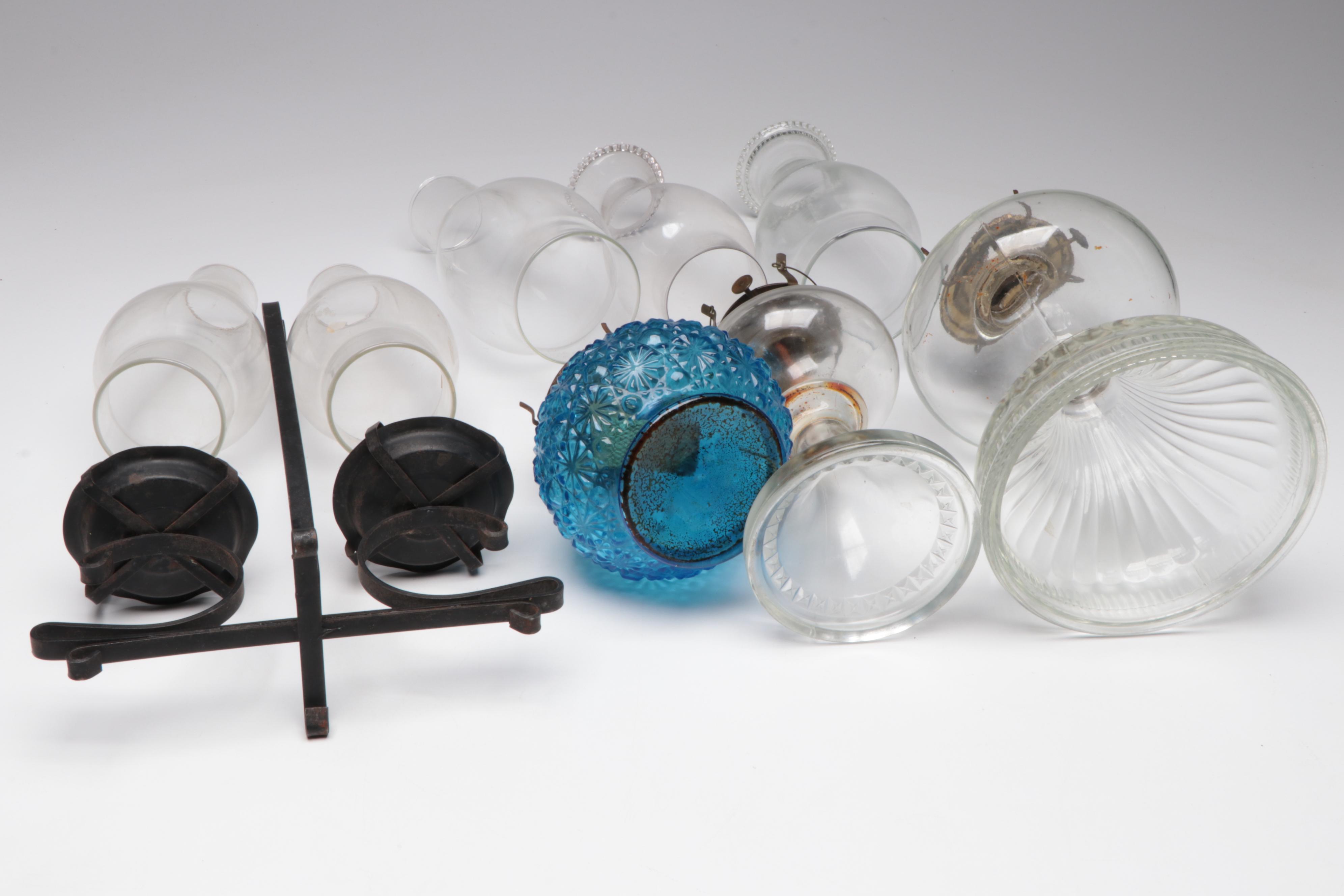 Pressed Glass Oil Lamps and Forged Metal Double Candle Stand