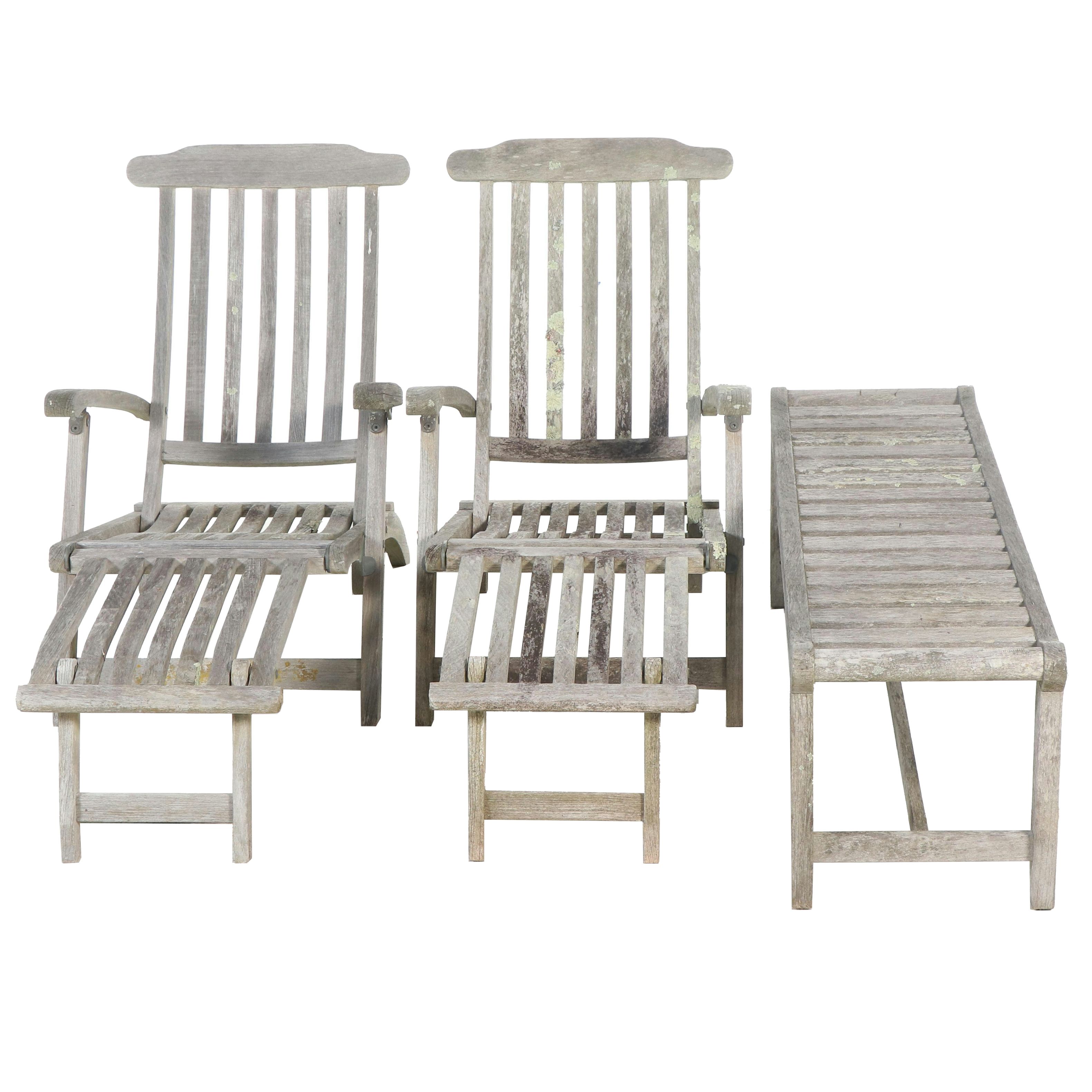 Weathered Teak Bench and Pair of Chaises
