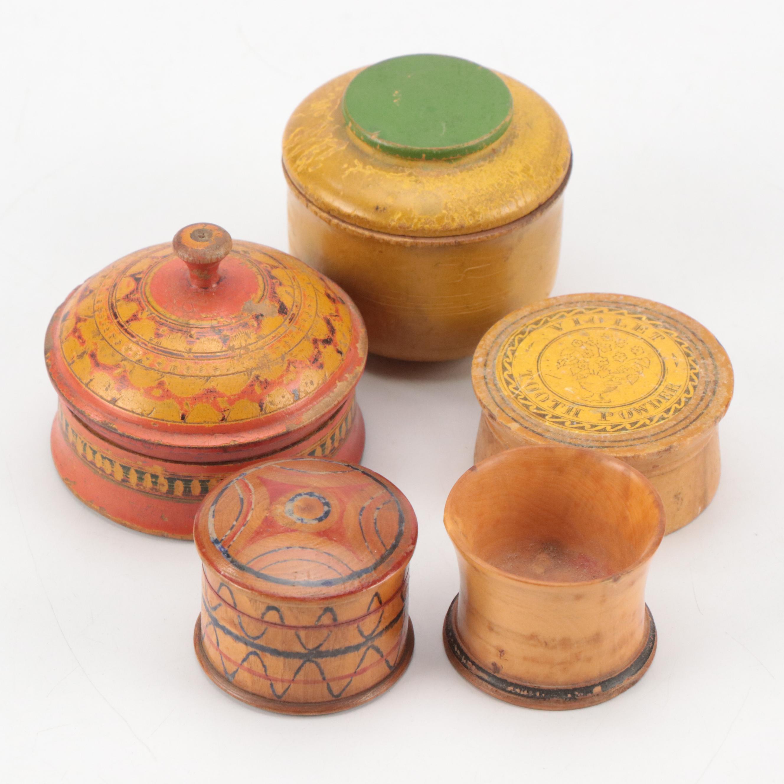 Victorian Treenware Tooth Powder Jar with Other Painted Wooden Jars