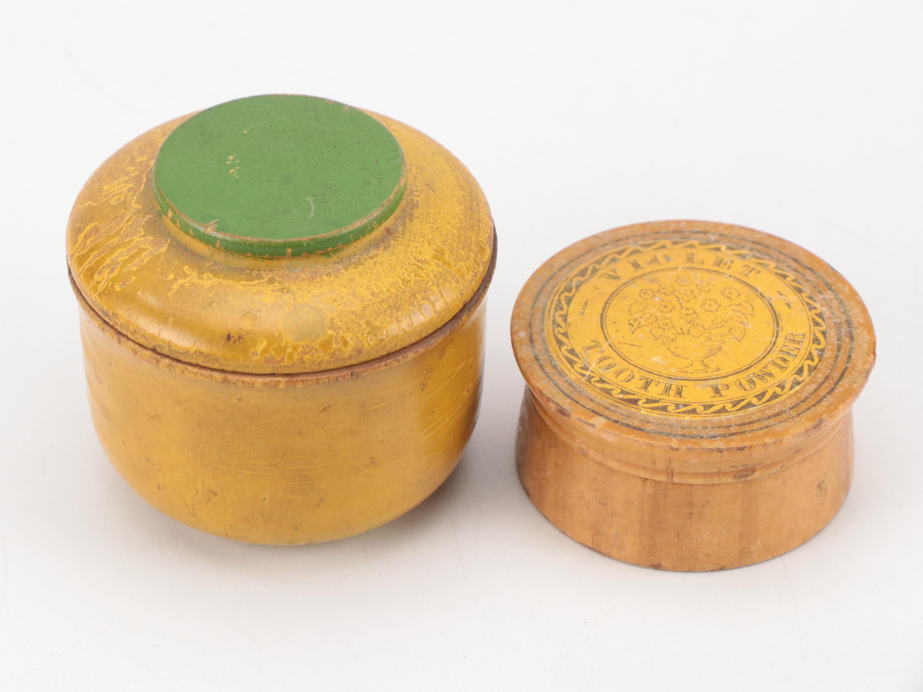 Victorian Treenware Tooth Powder Jar with Other Painted Wooden Jars
