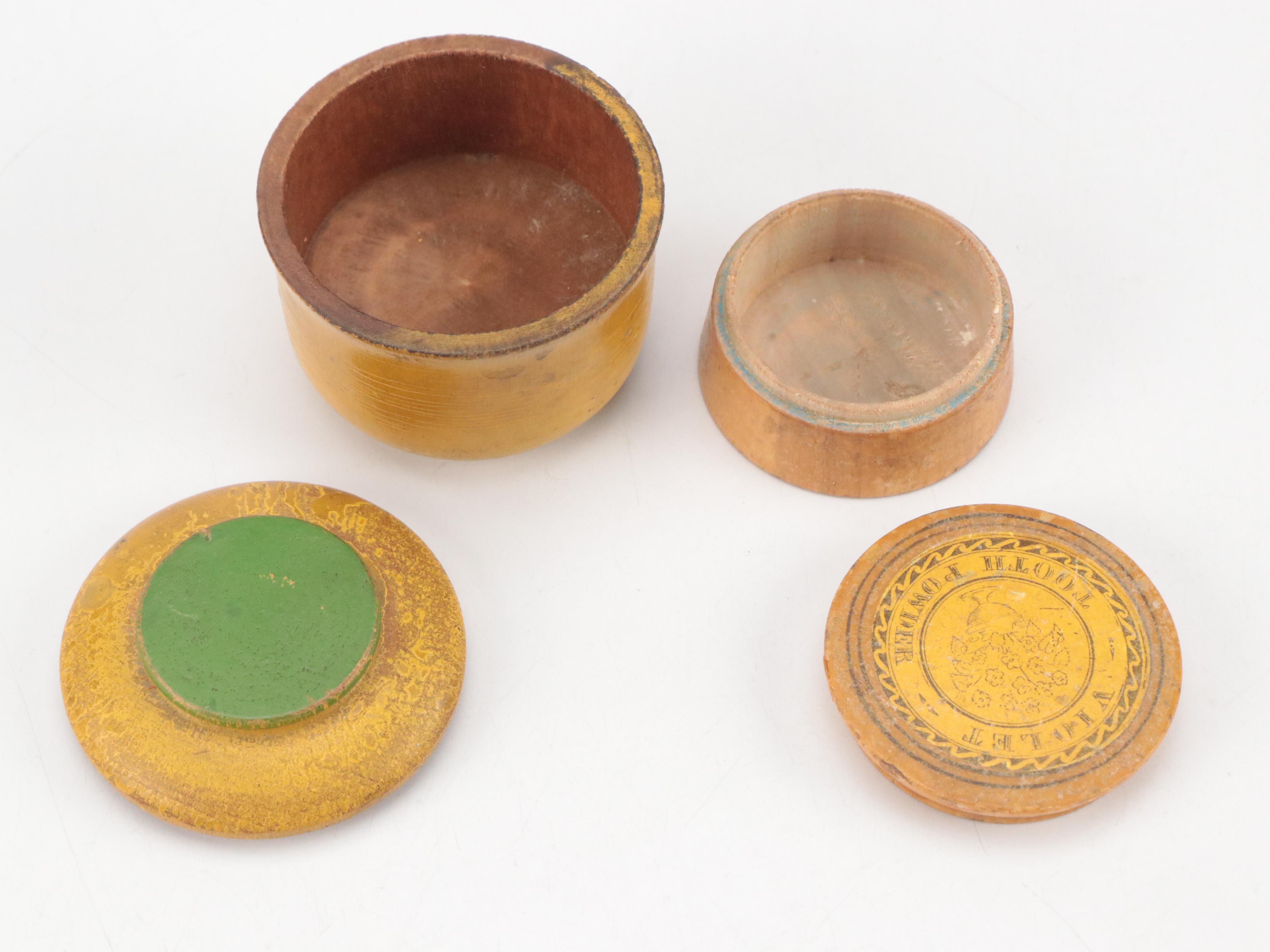 Victorian Treenware Tooth Powder Jar with Other Painted Wooden Jars