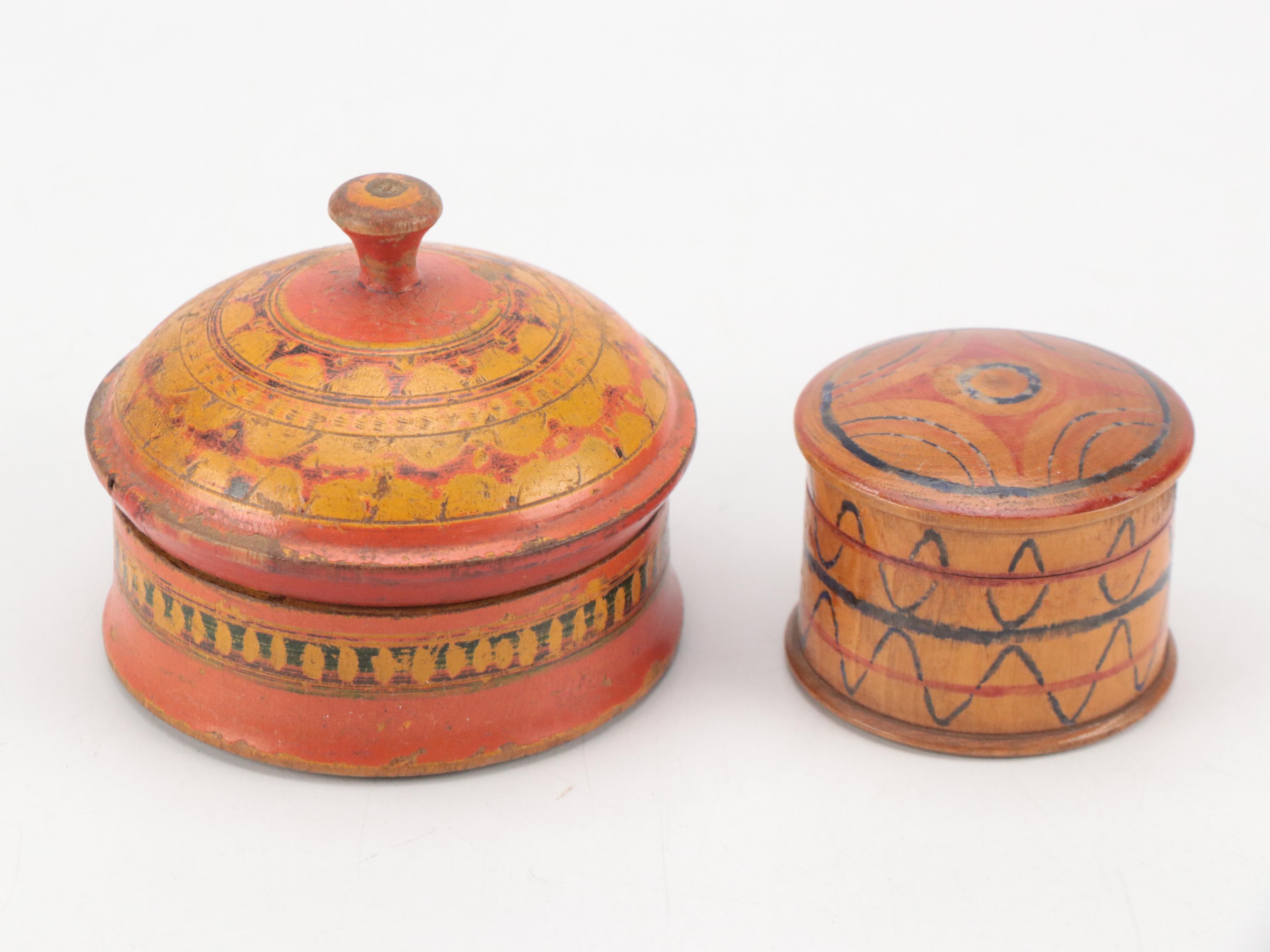 Victorian Treenware Tooth Powder Jar with Other Painted Wooden Jars