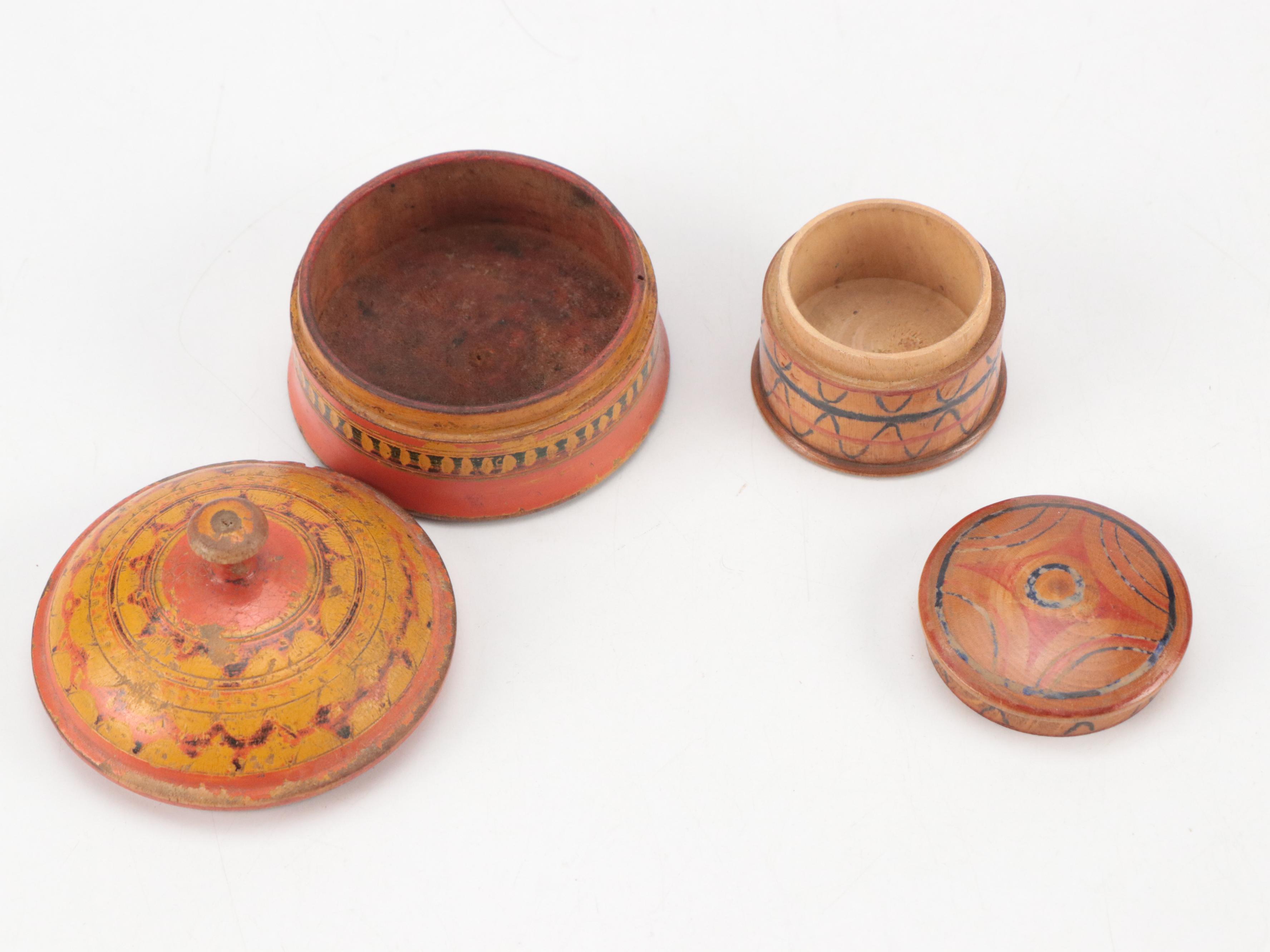 Victorian Treenware Tooth Powder Jar with Other Painted Wooden Jars