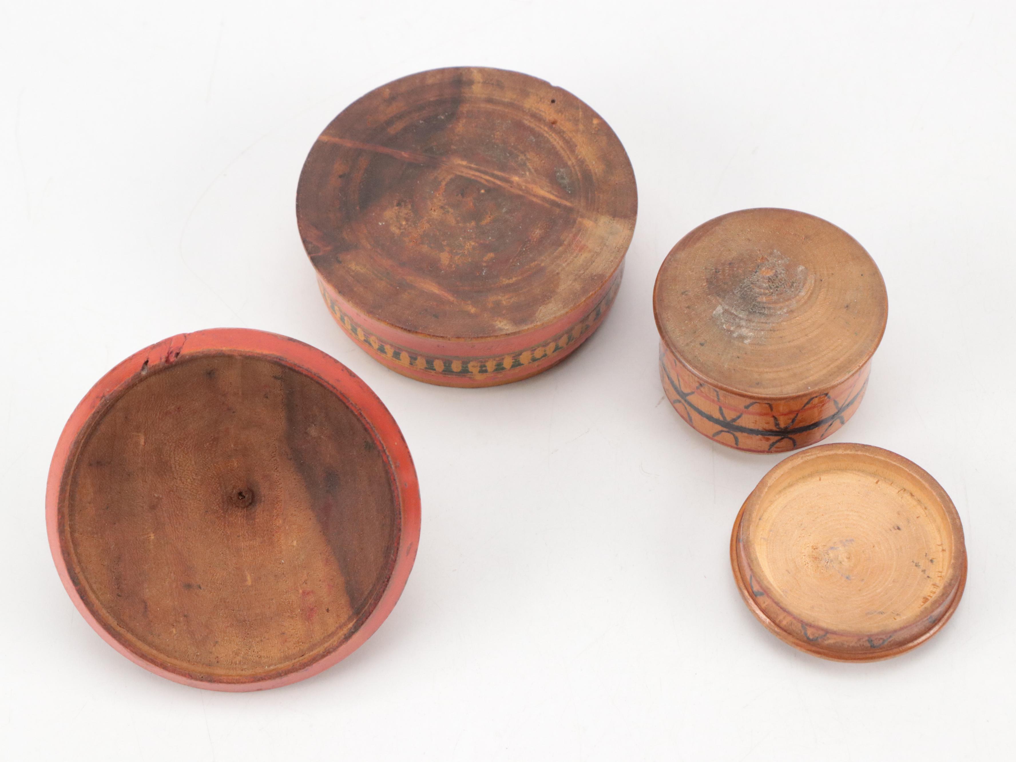 Victorian Treenware Tooth Powder Jar with Other Painted Wooden Jars