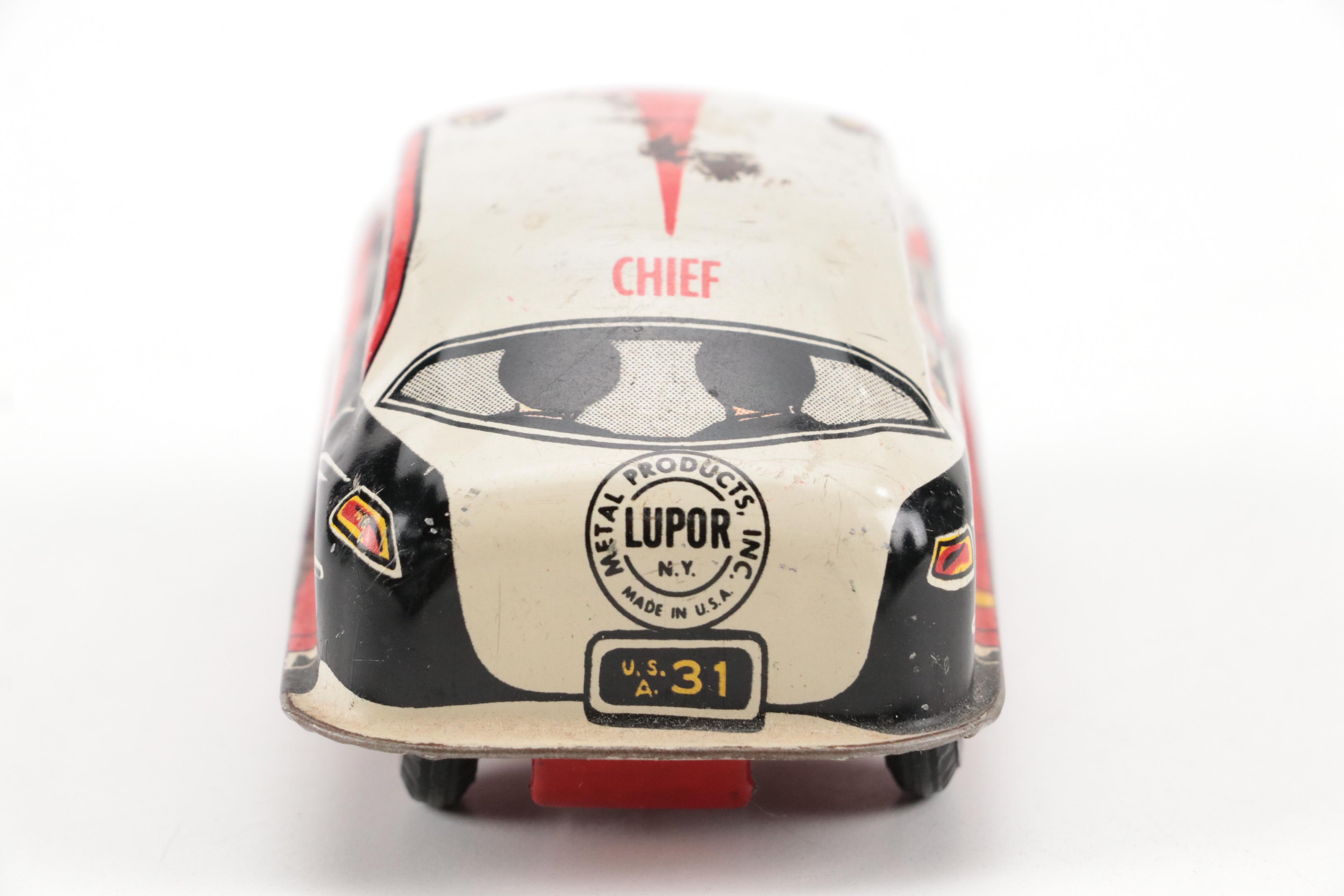 Lupor Tin Litho Perpetual Motion Police Chief Car with Other Tin Litho Cars
