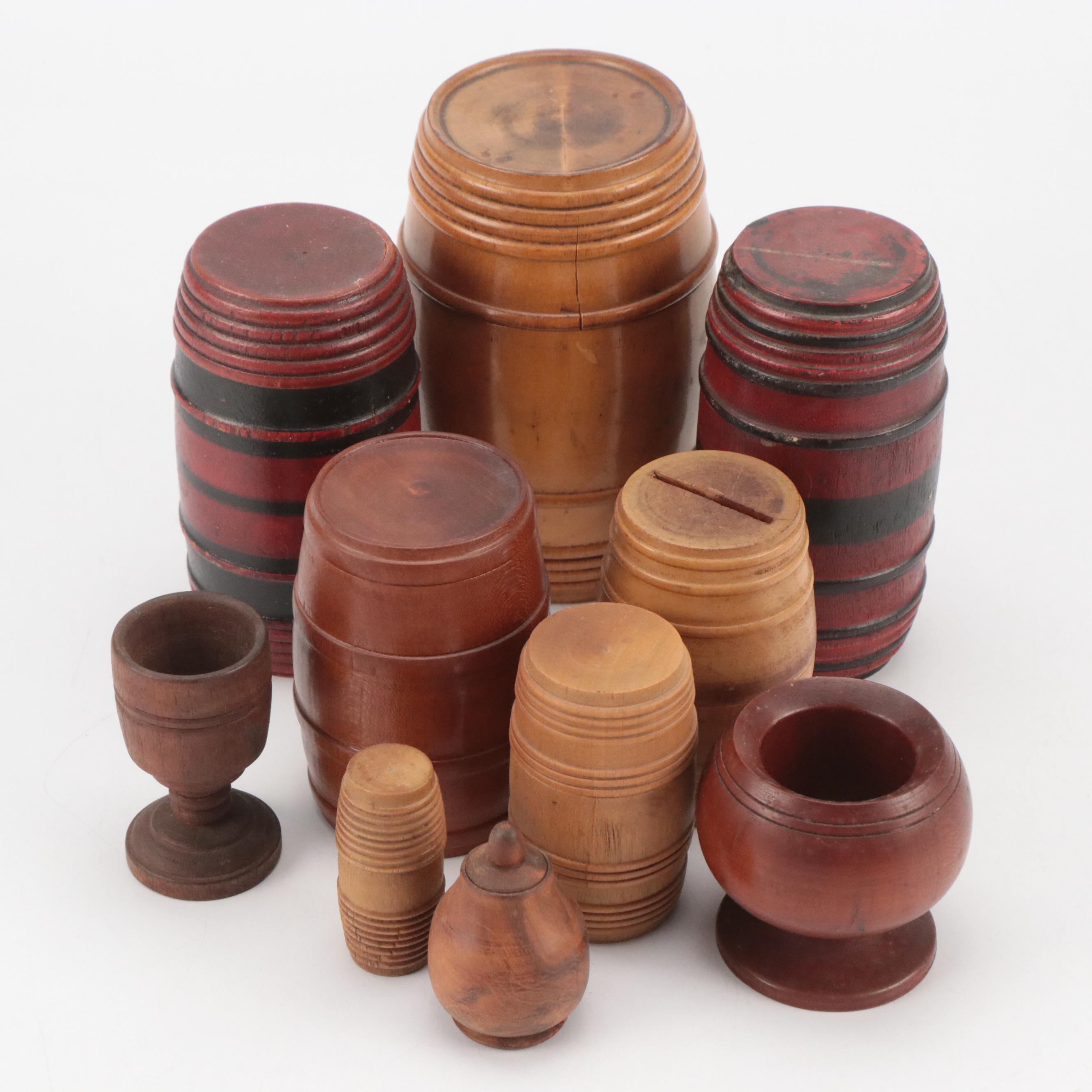 Treenware Needle Cases with Bank and Other Containers