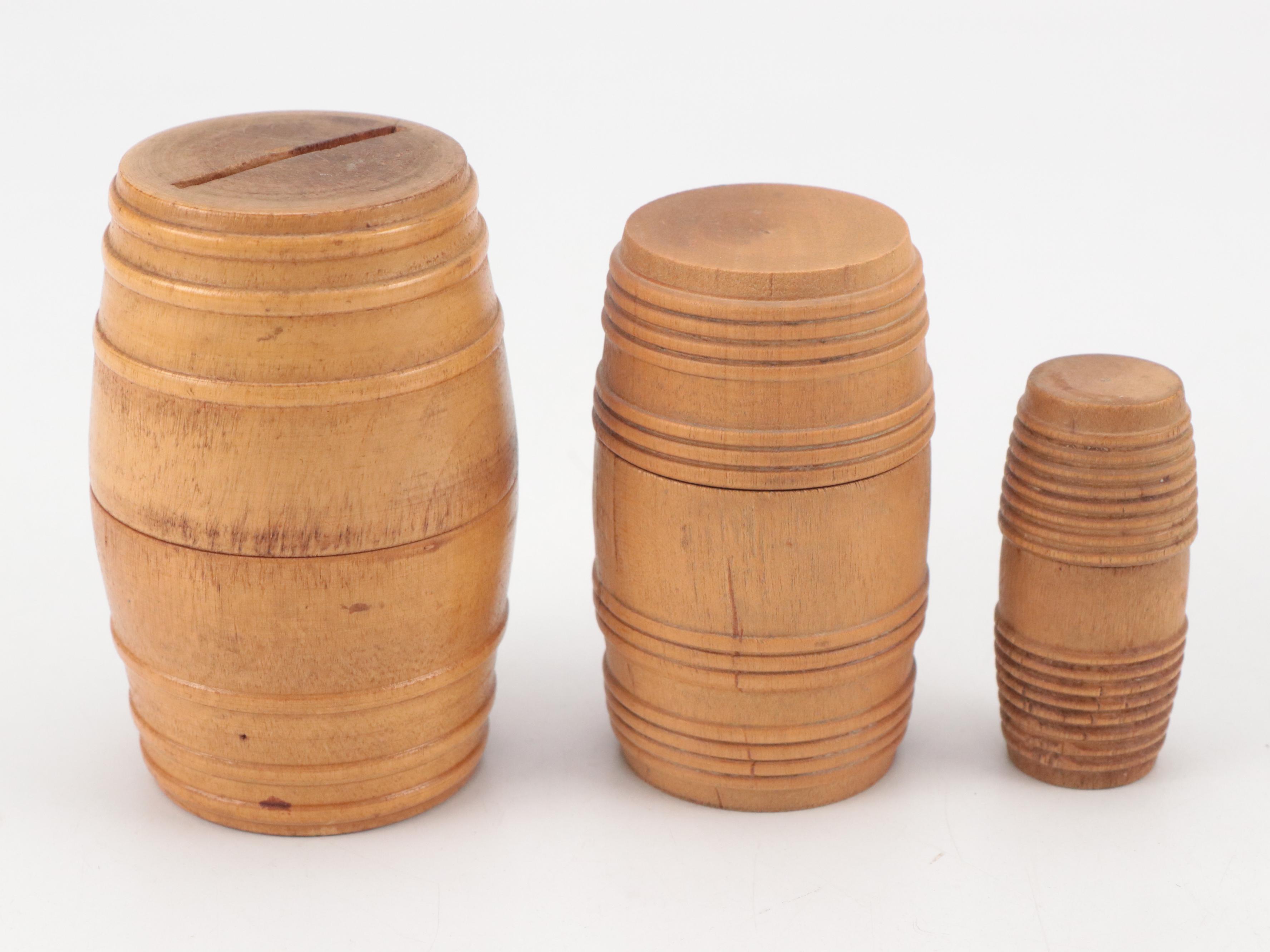 Treenware Needle Cases with Bank and Other Containers