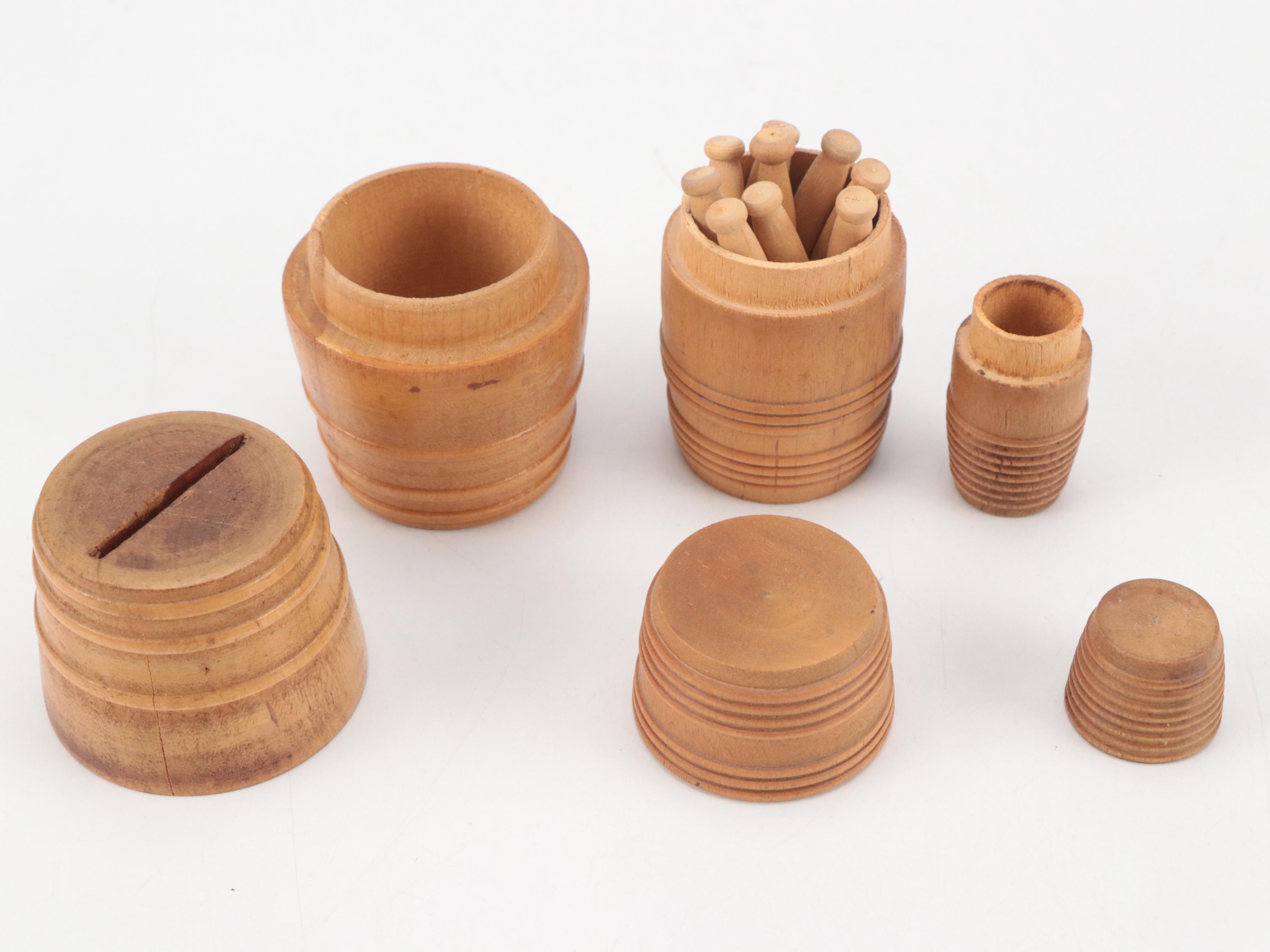 Treenware Needle Cases with Bank and Other Containers