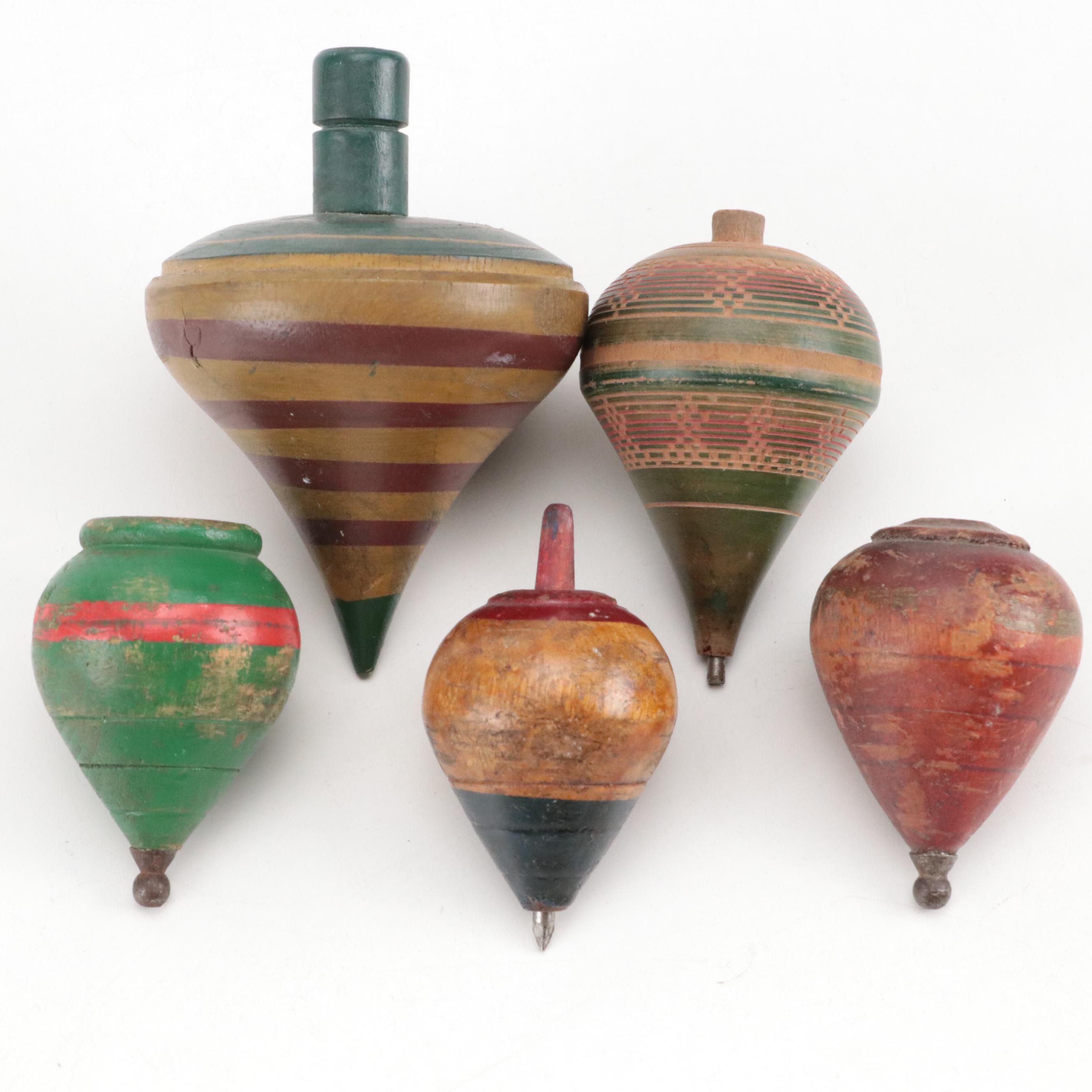 Turned Hand-Carved Spinning Top with Other Spinning Tops
