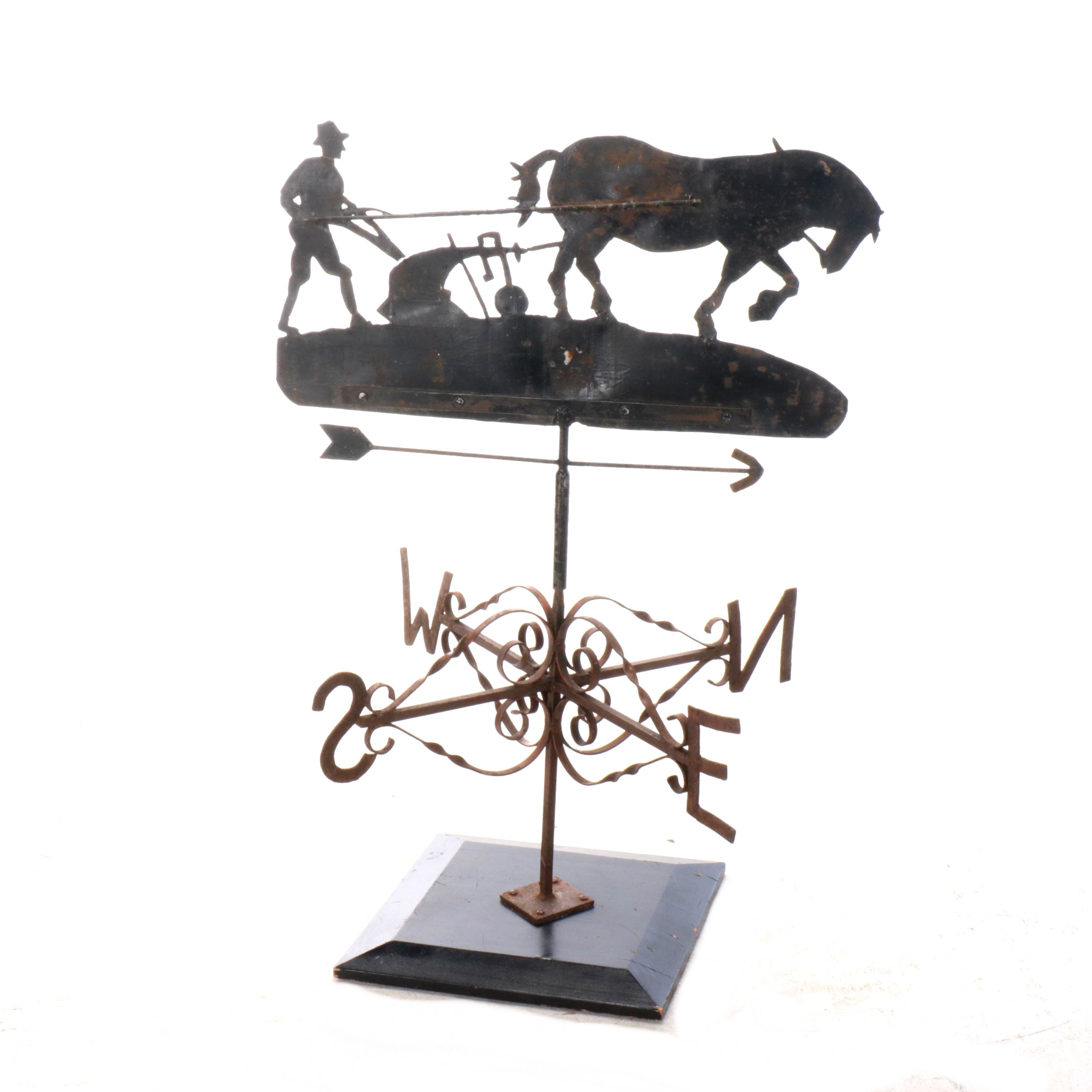 Farming Motif Metal Weather Vane with Ebonized Wood Base