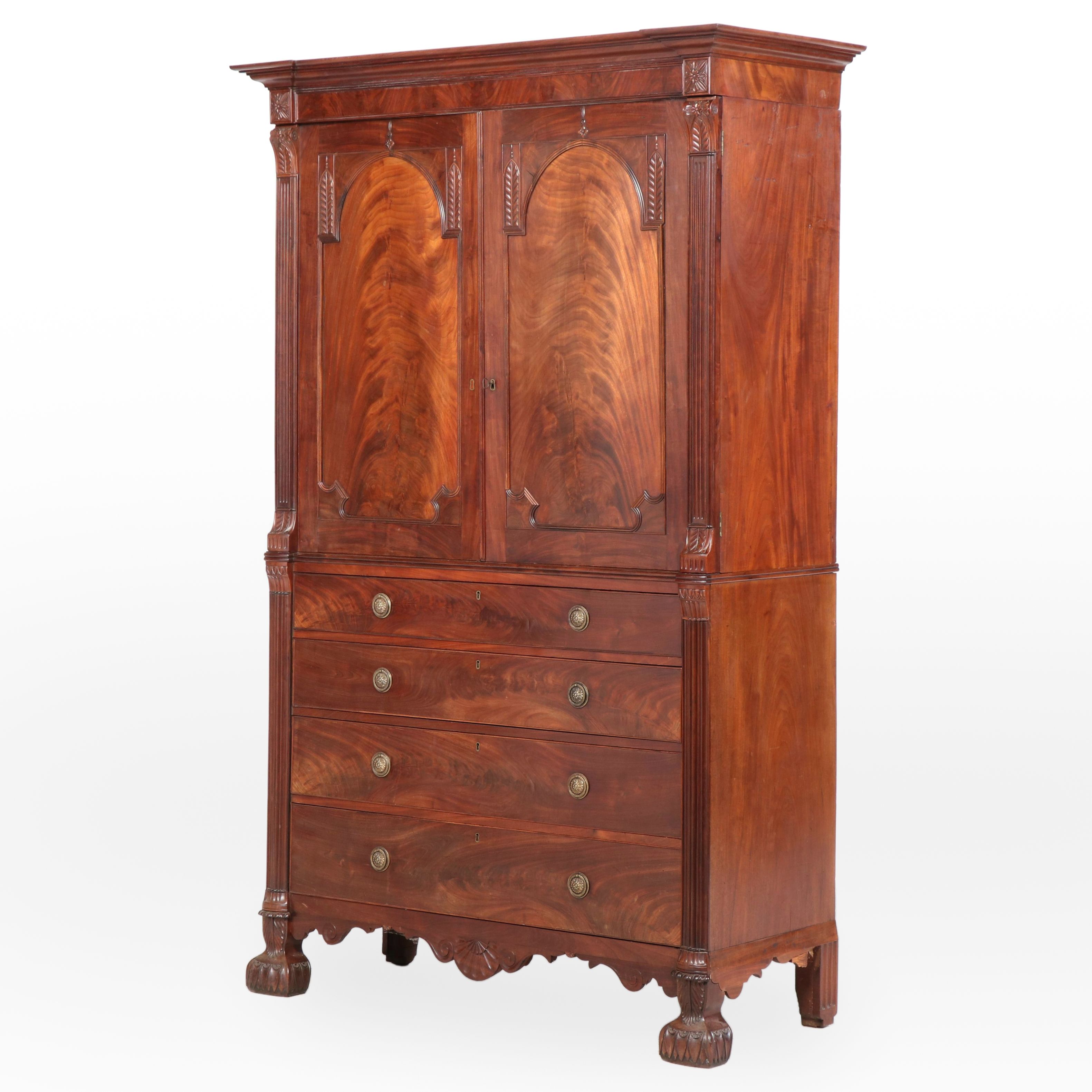 William IV Carved and Flame Mahogany Linen Press, Circa 1830