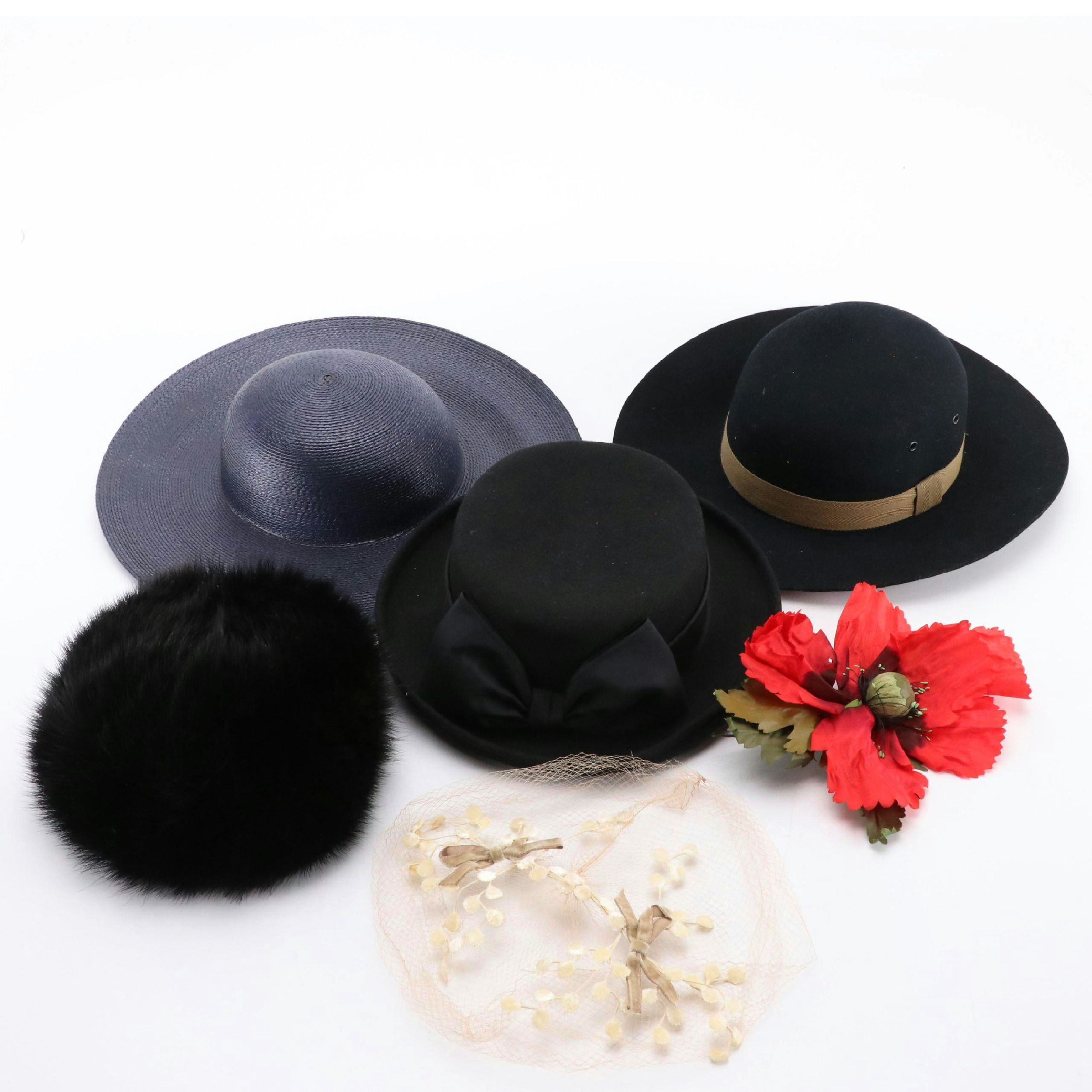 Mink Fur Hat, Short/Wide Brim Hats, Birdcage Fascinator with Brooch Pin, Boxes
