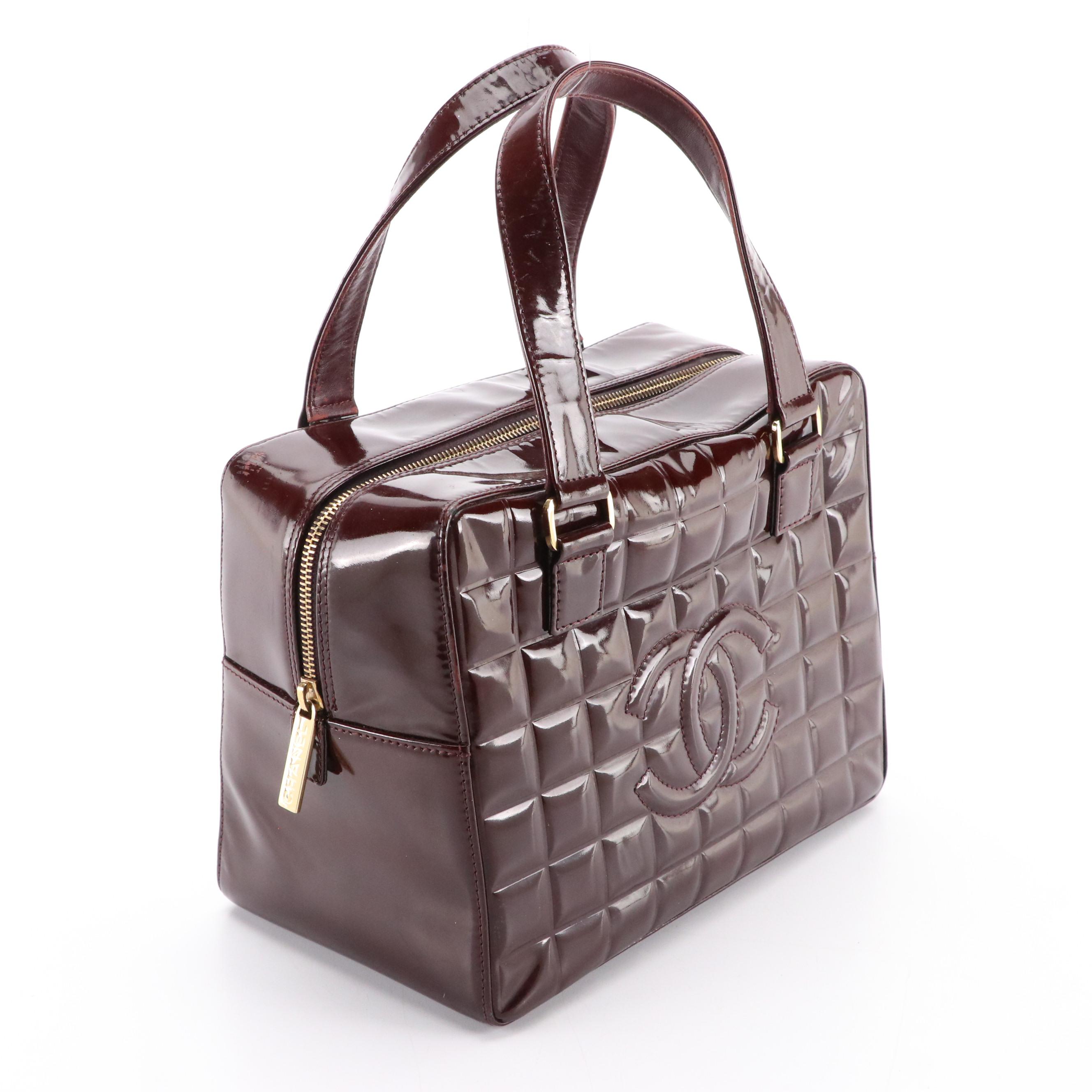 Chanel CC Handbag in Burgundy Chocolate Bar Quilted Patent Leather
