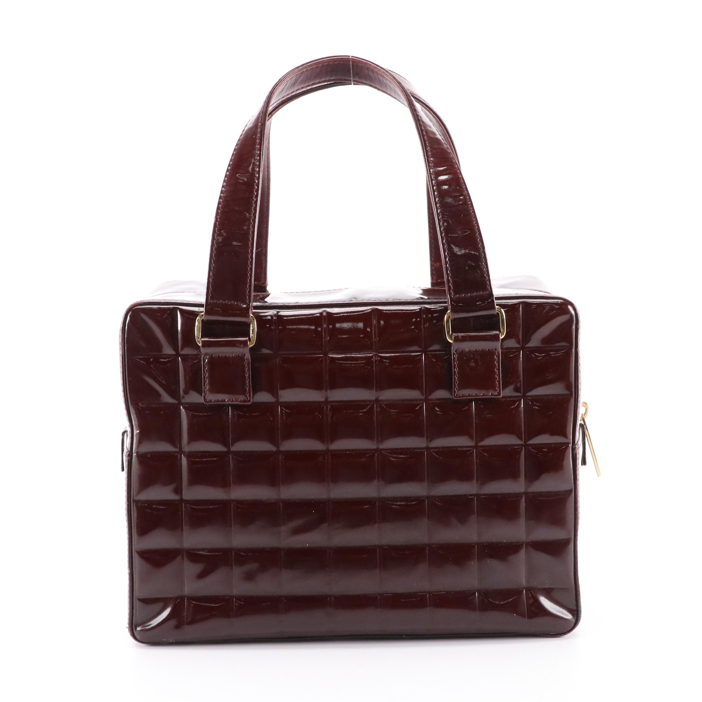 Chanel CC Handbag in Burgundy Chocolate Bar Quilted Patent Leather