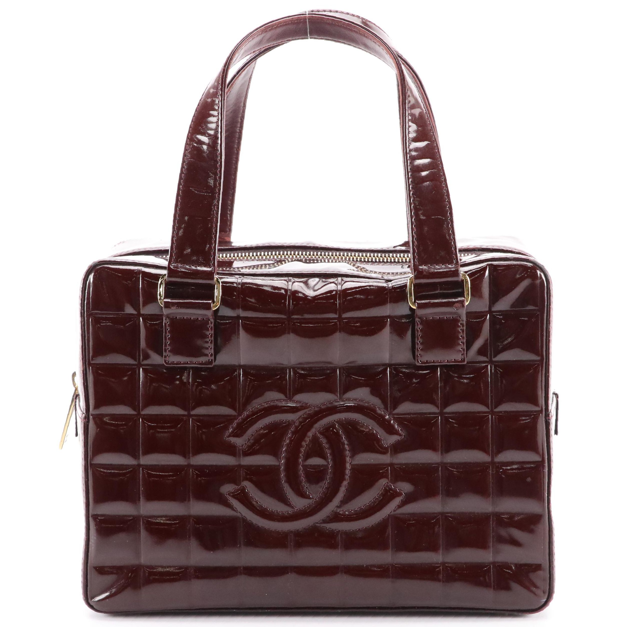 Chanel CC Handbag in Burgundy Chocolate Bar Quilted Patent Leather