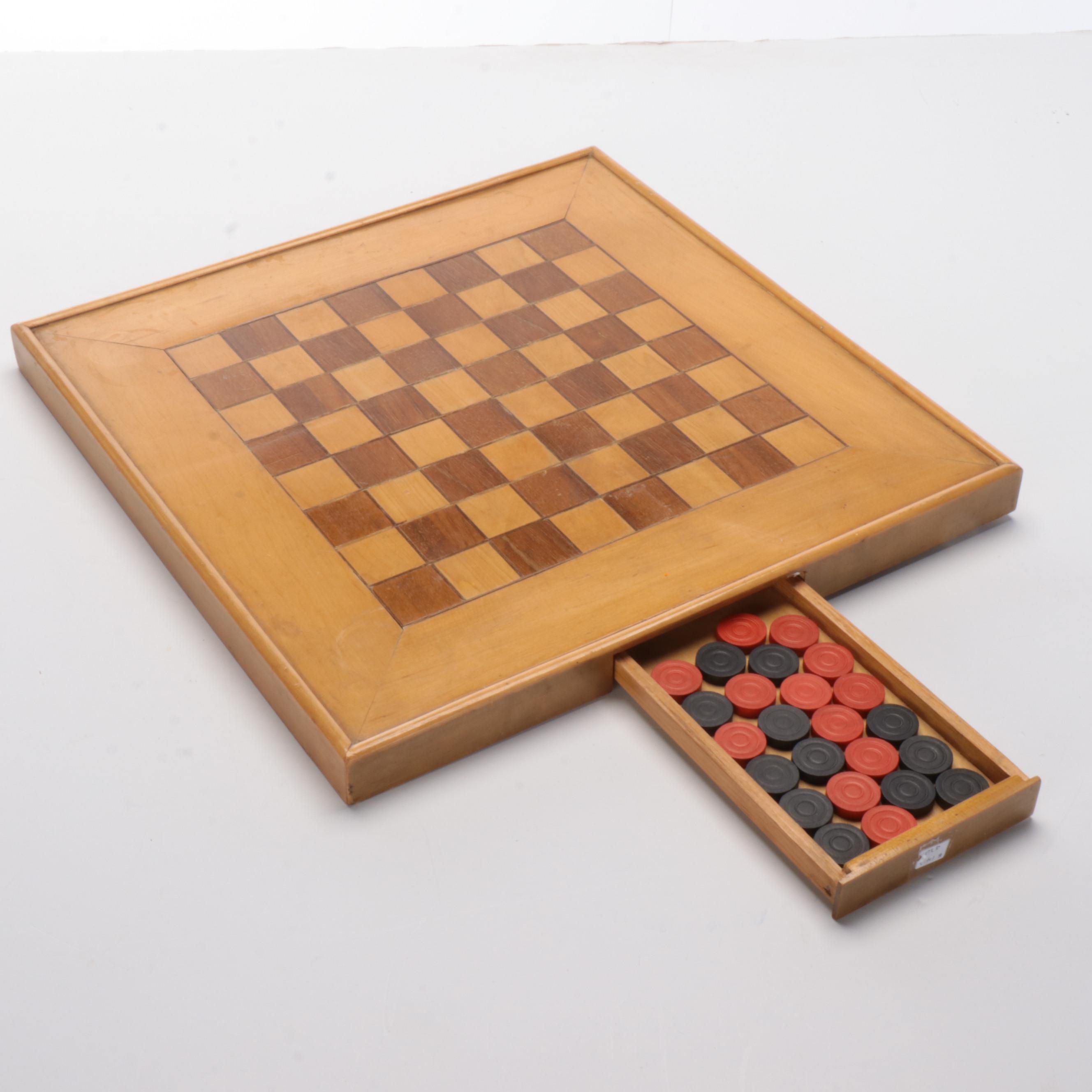 Inlaid Wood Checkerboard with Game Pieces, Early 20th Century