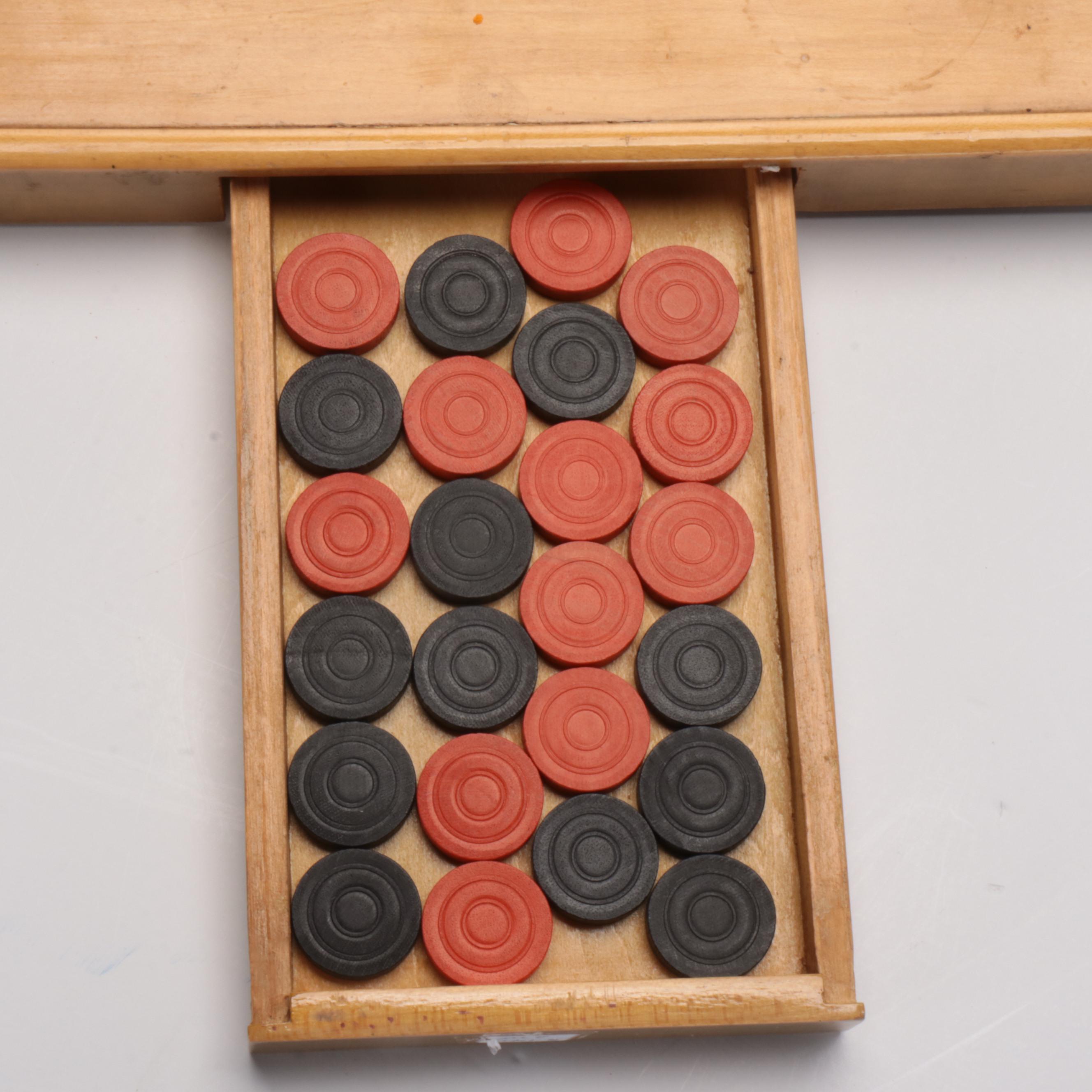 Inlaid Wood Checkerboard with Game Pieces, Early 20th Century