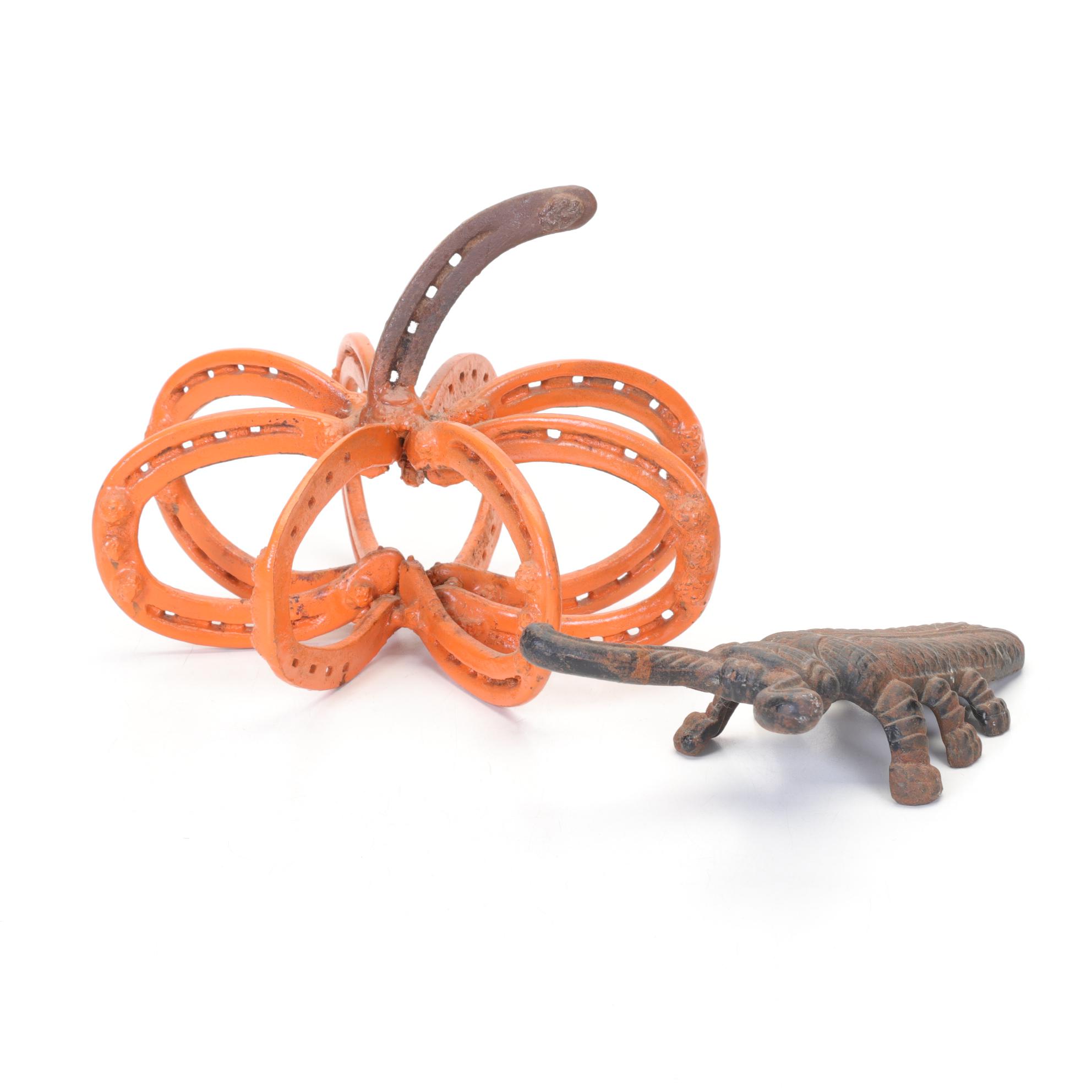 Cast Iron Bug Shaped Boot Jack with Welded Horseshoe Pumpkin