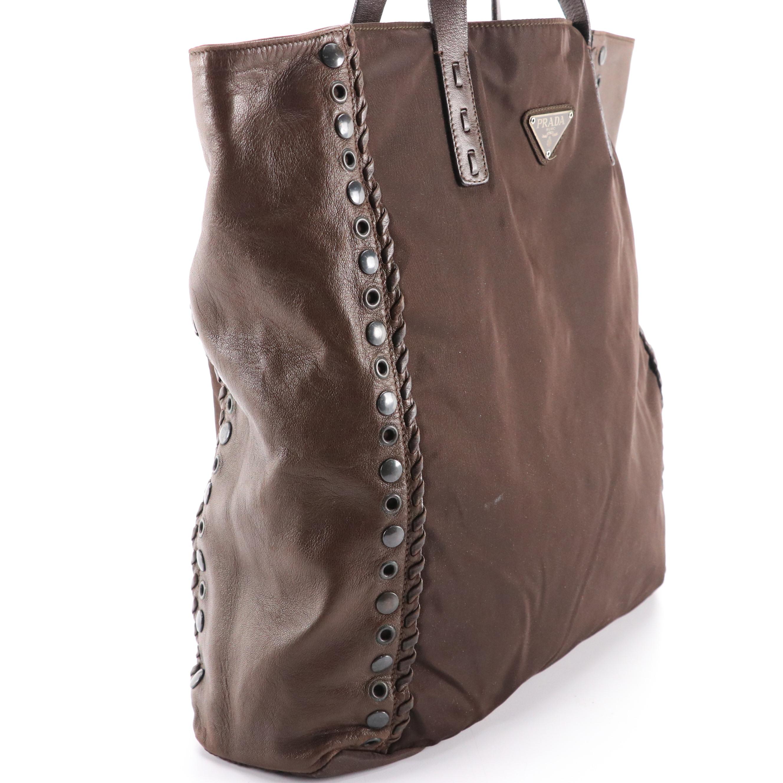 Prada Nylon and Leather Soft Tote with Grommet/Stud/Whipstitch Detailing