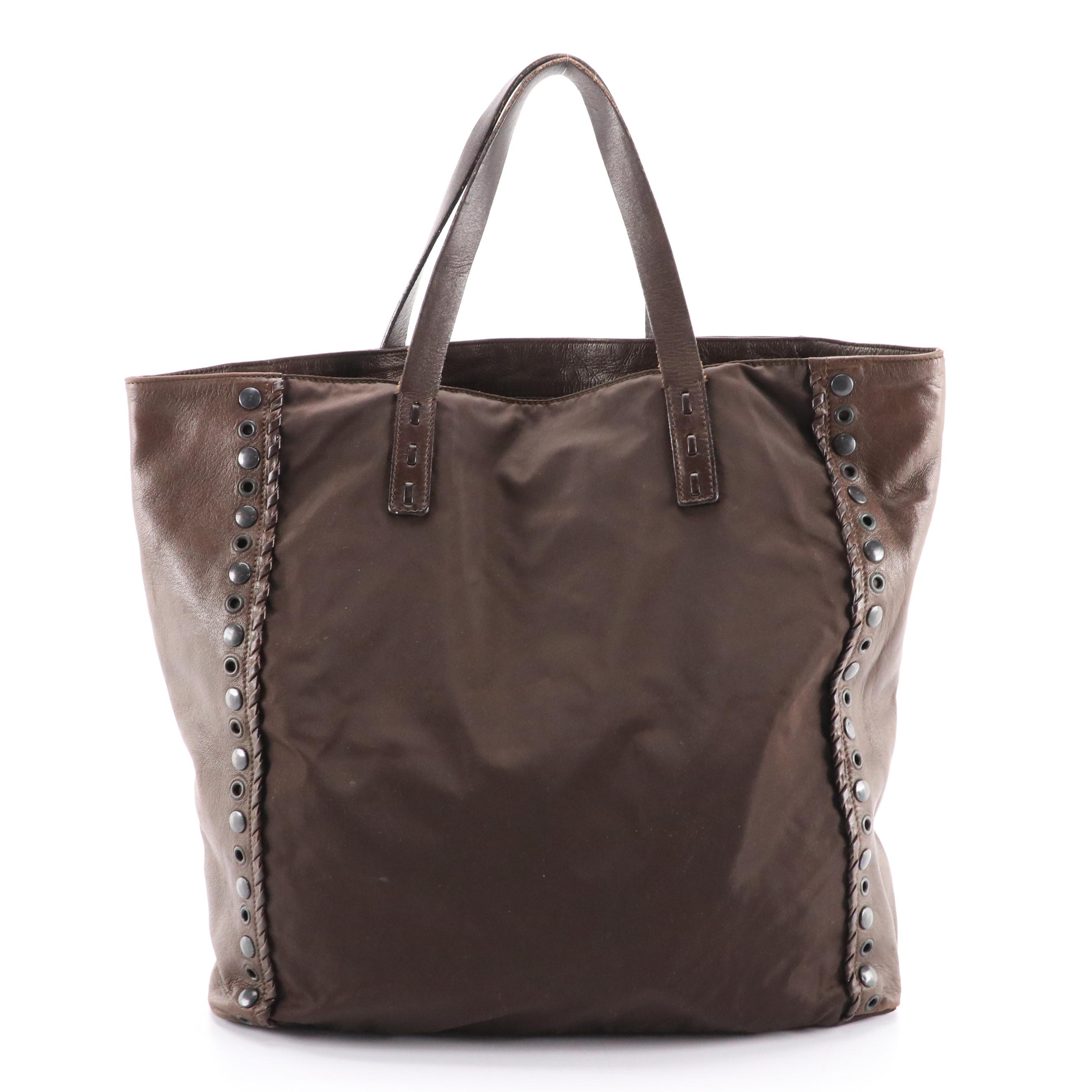 Prada Nylon and Leather Soft Tote with Grommet/Stud/Whipstitch Detailing