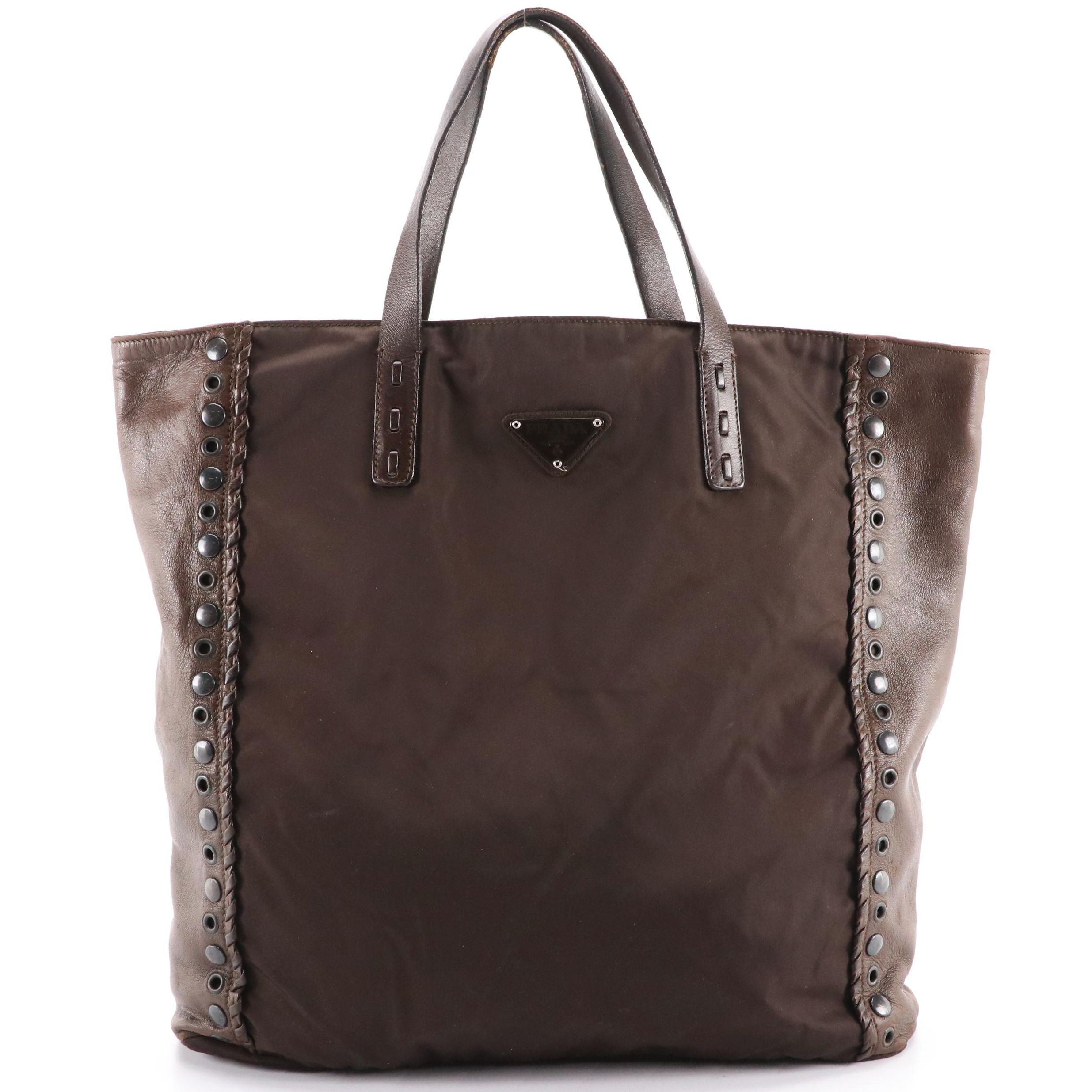 Prada Nylon and Leather Soft Tote with Grommet/Stud/Whipstitch Detailing