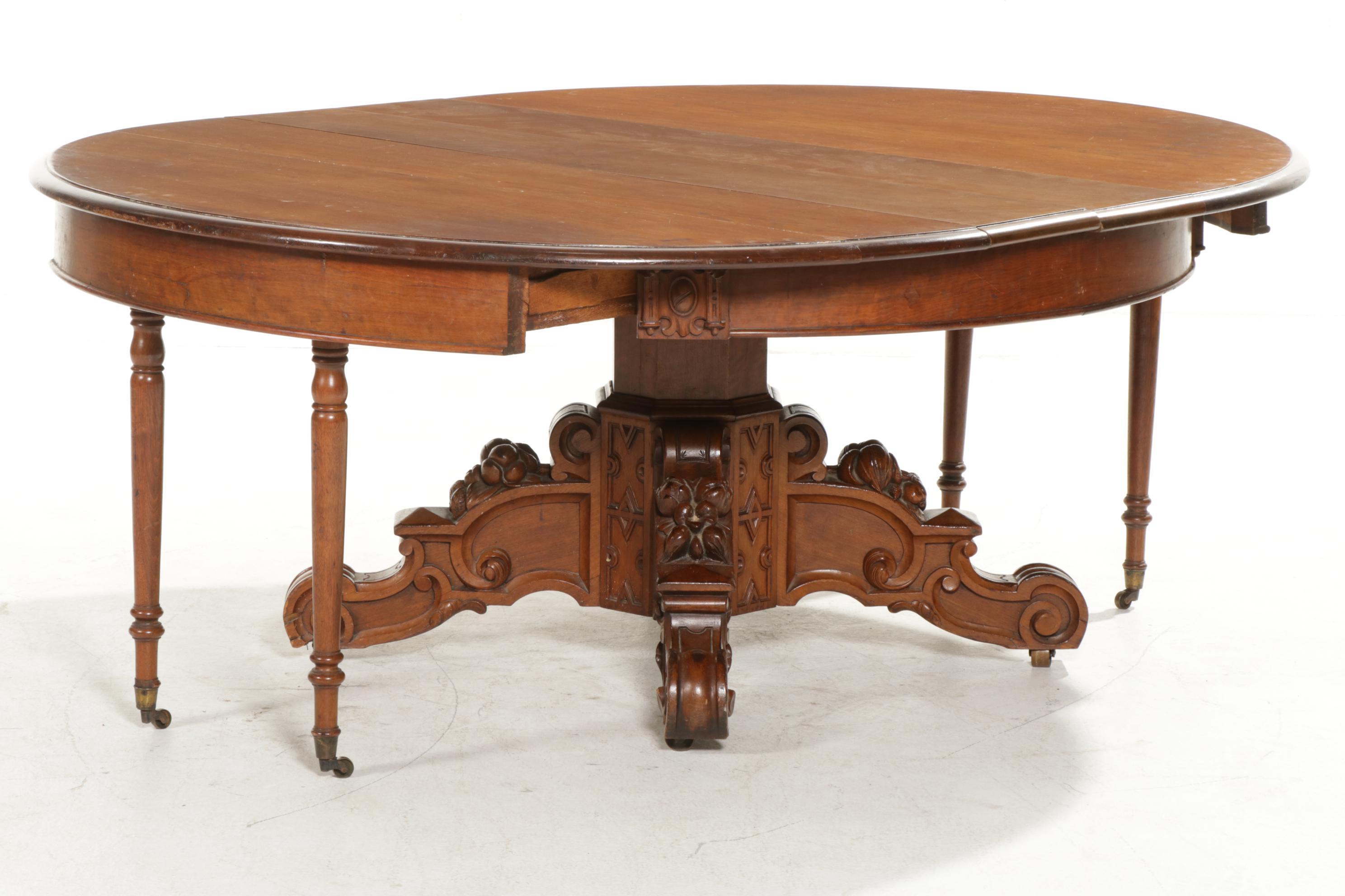 Victorian Carved Walnut Dining Table, Storage Sideboard and Chairs