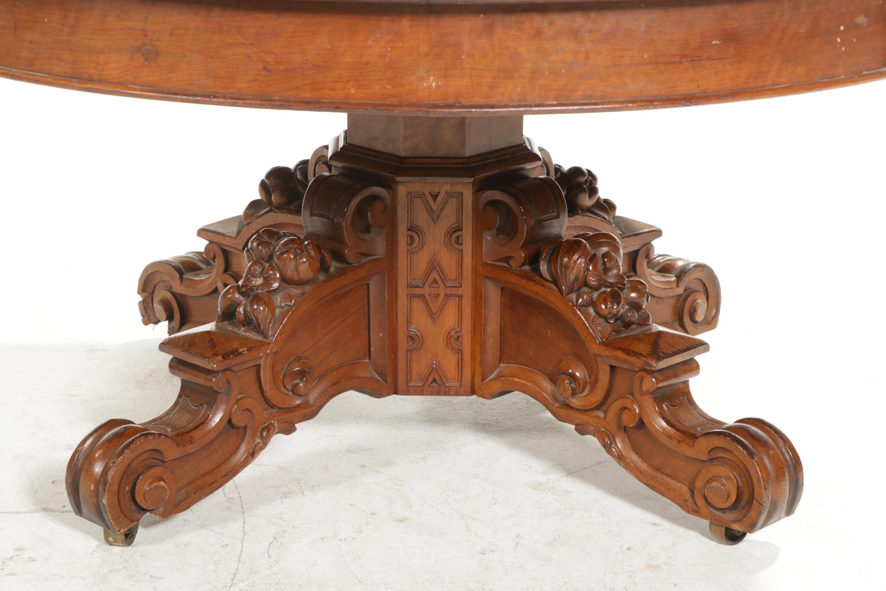 Victorian Carved Walnut Dining Table, Storage Sideboard and Chairs