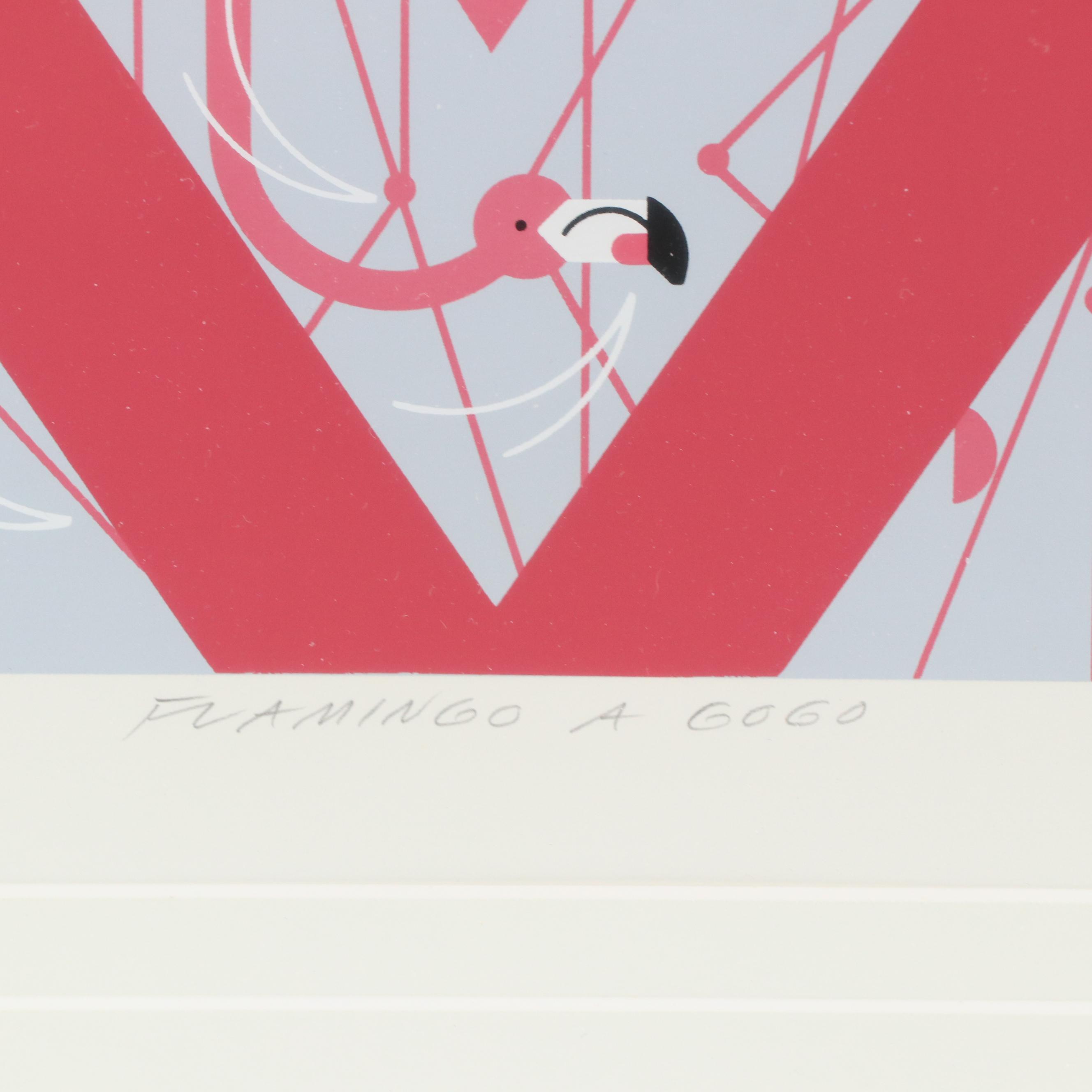 Charley Harper Modernist Serigraph "Flamingo a Go Go," 1988