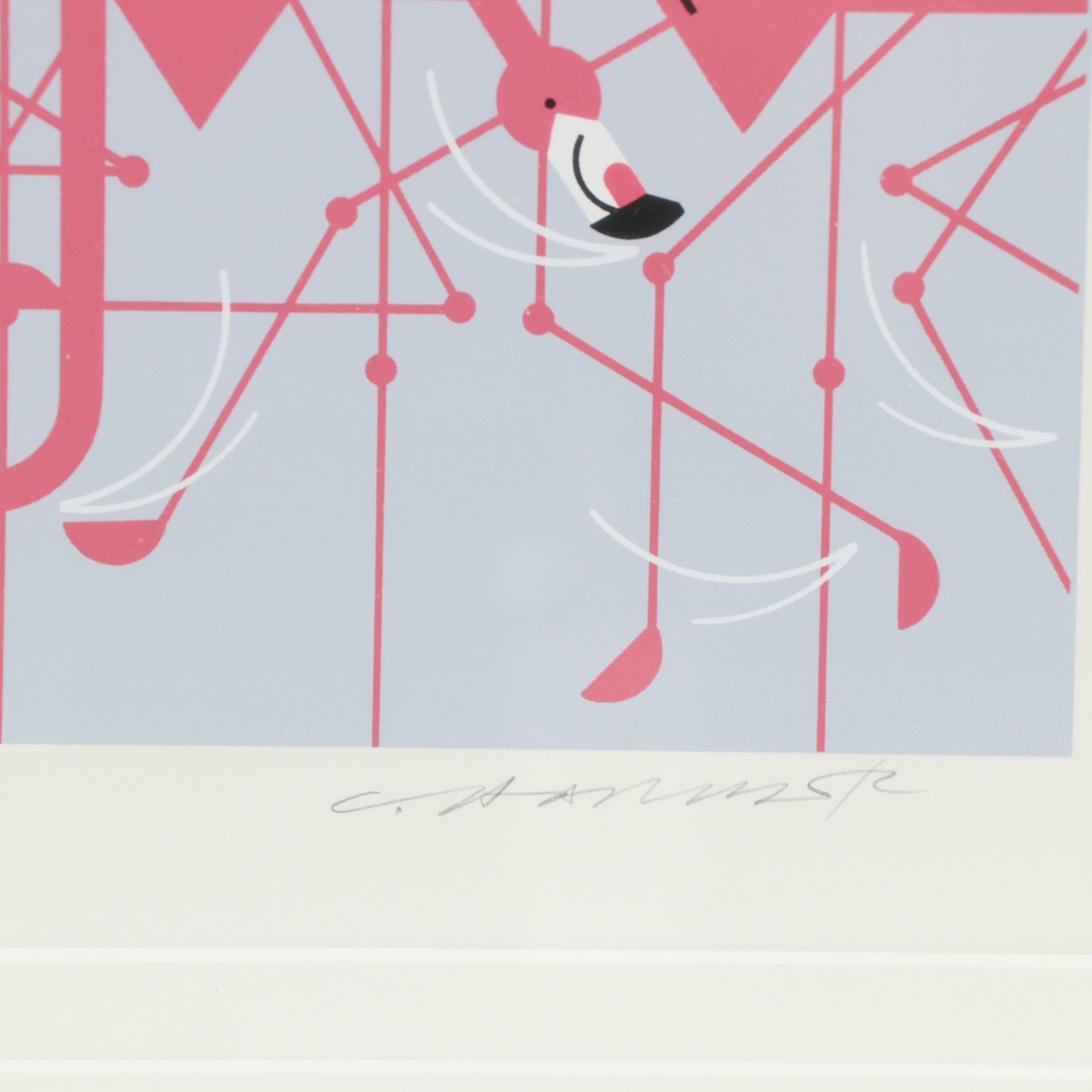Charley Harper Modernist Serigraph "Flamingo a Go Go," 1988