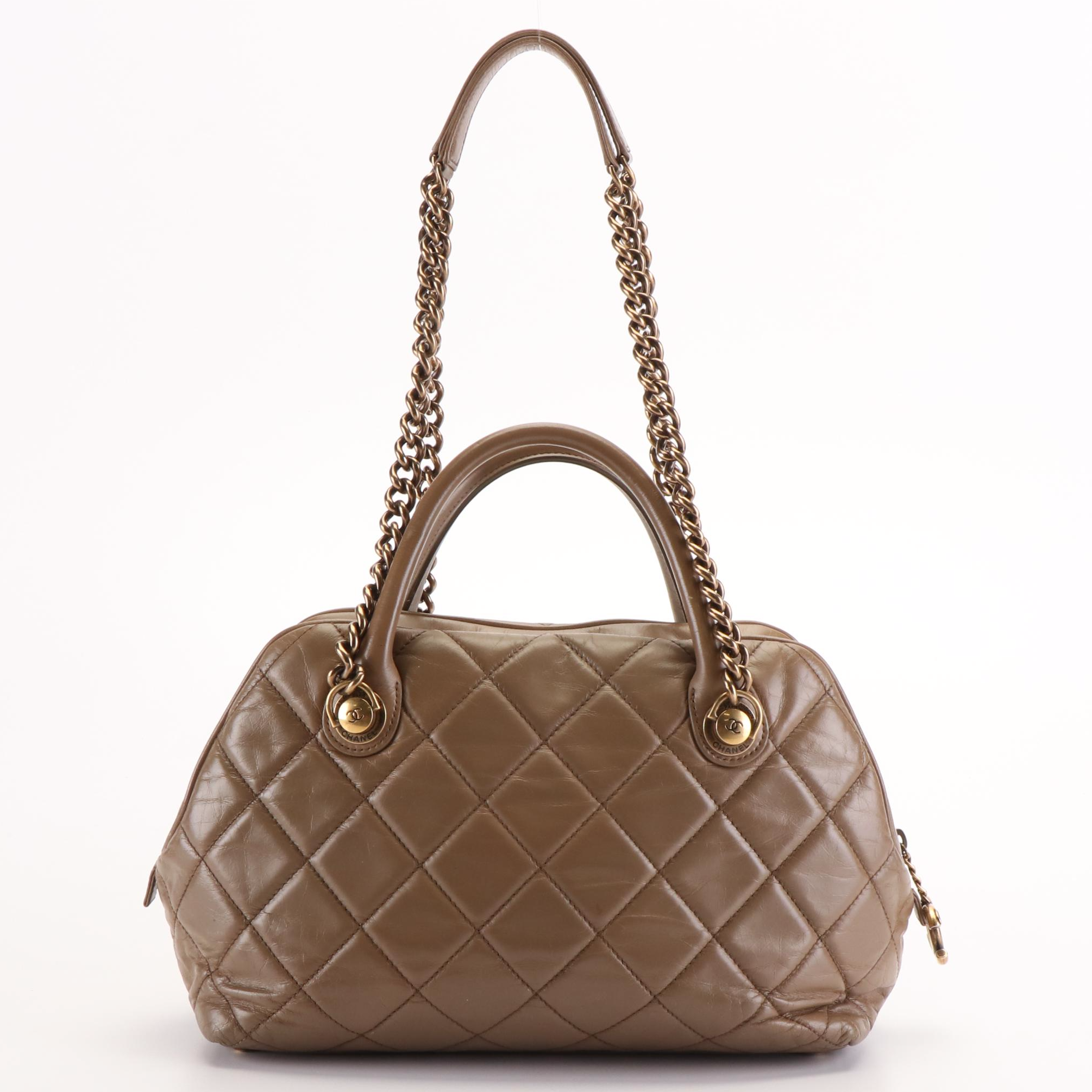 Chanel Castle Rock Bowler Bag in Quilted Beige Glazed Leather