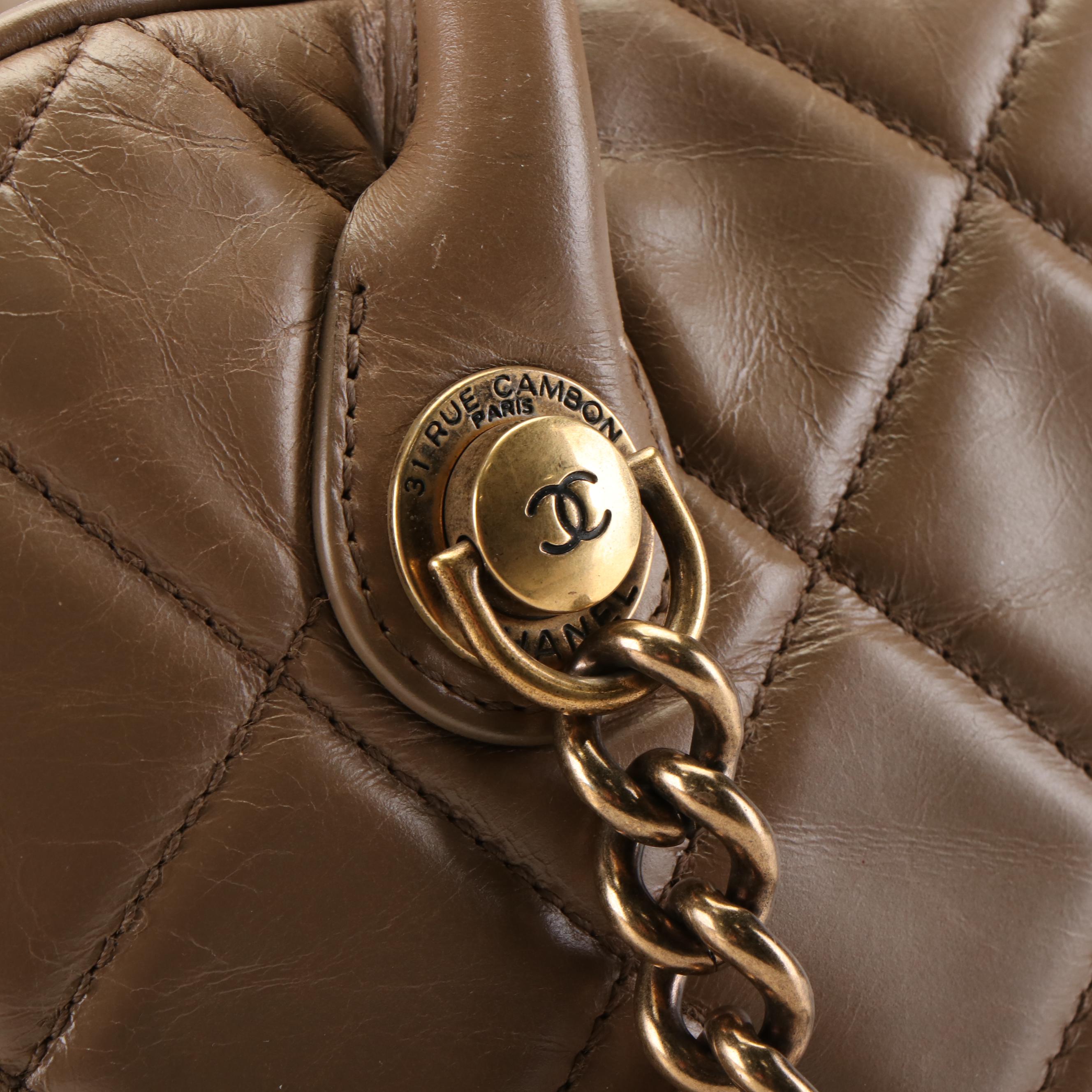Chanel Castle Rock Bowler Bag in Quilted Beige Glazed Leather