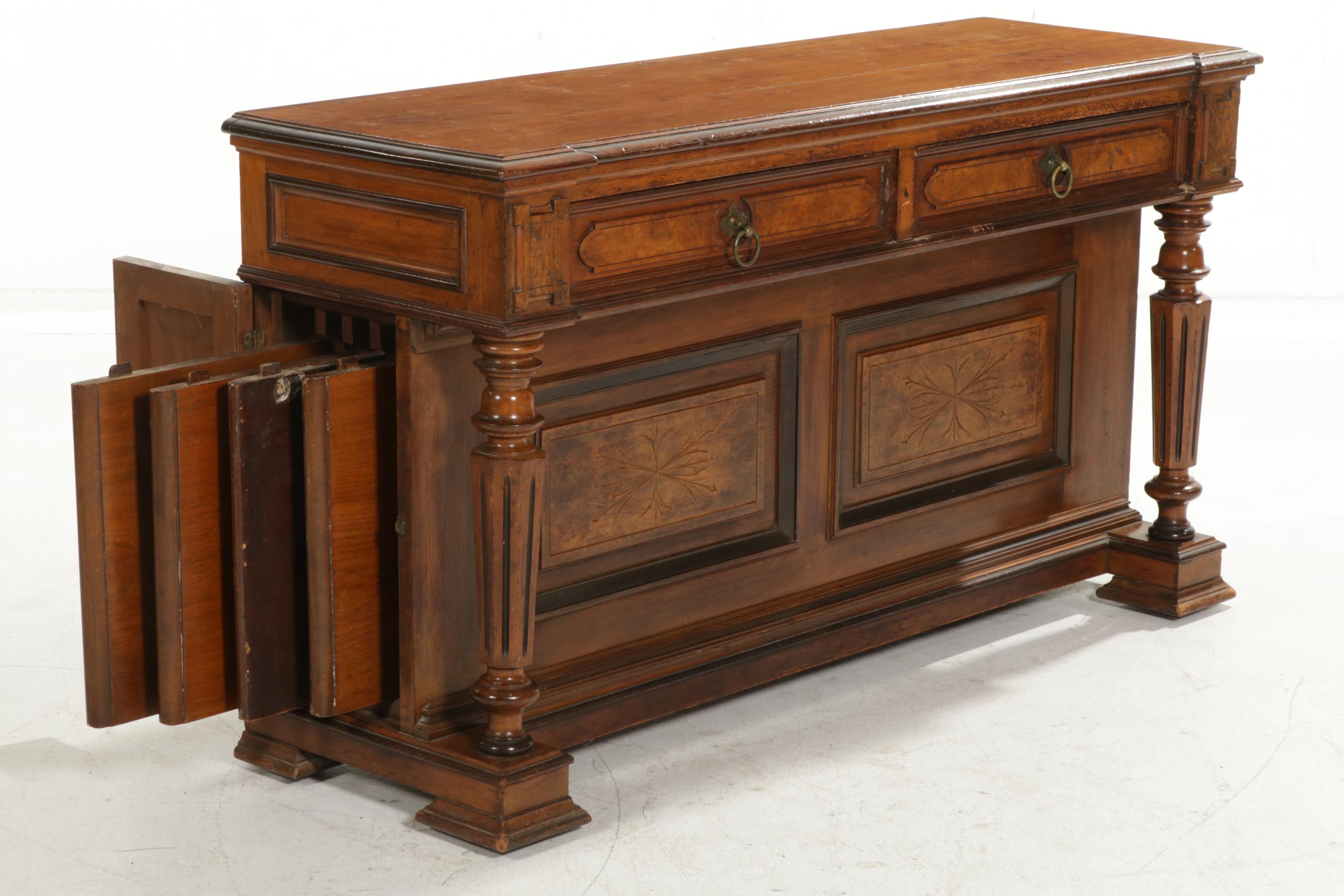 Victorian Carved Walnut Dining Table, Storage Sideboard and Chairs