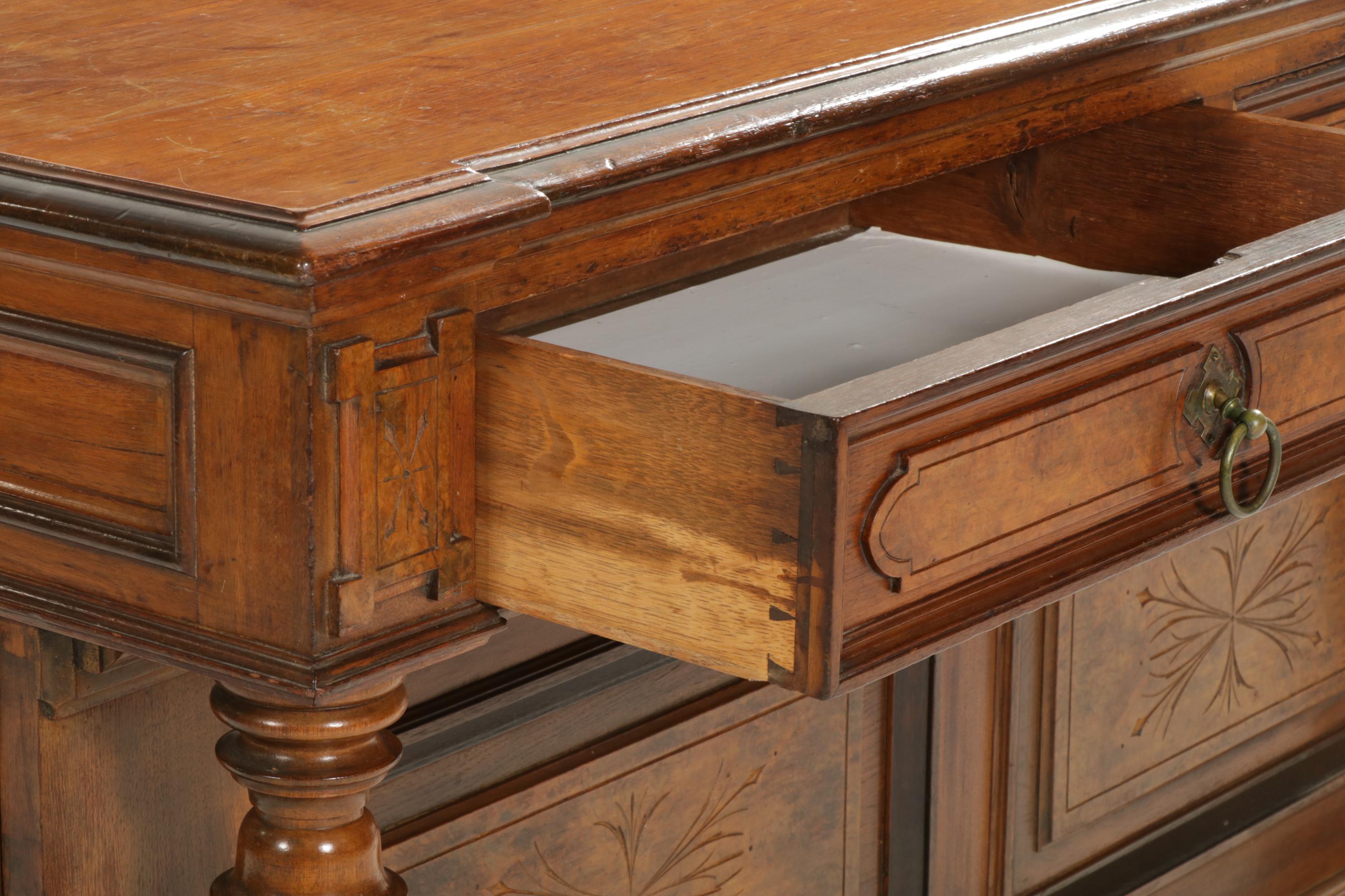 Victorian Carved Walnut Dining Table, Storage Sideboard and Chairs