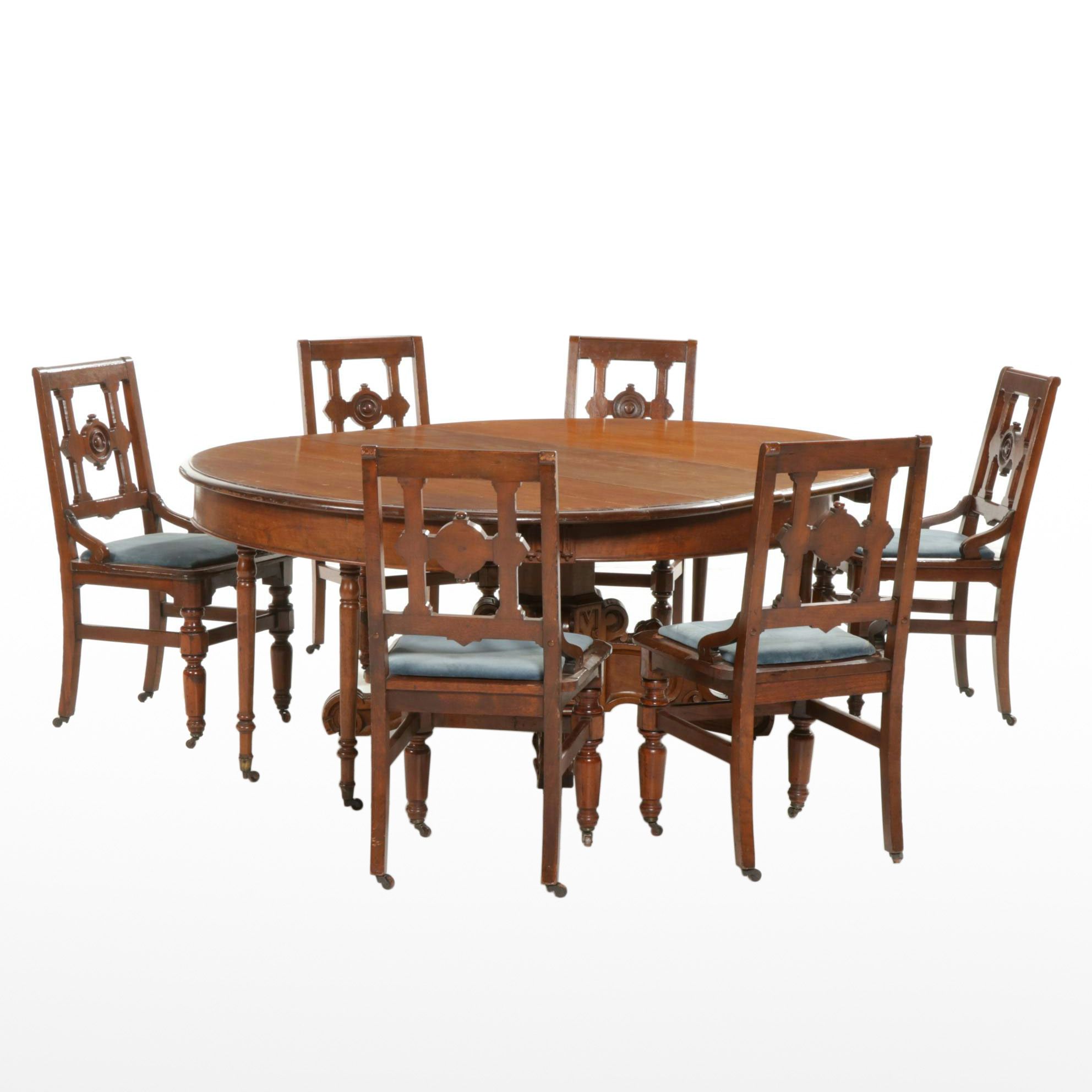 Victorian Carved Walnut Dining Table, Storage Sideboard and Chairs