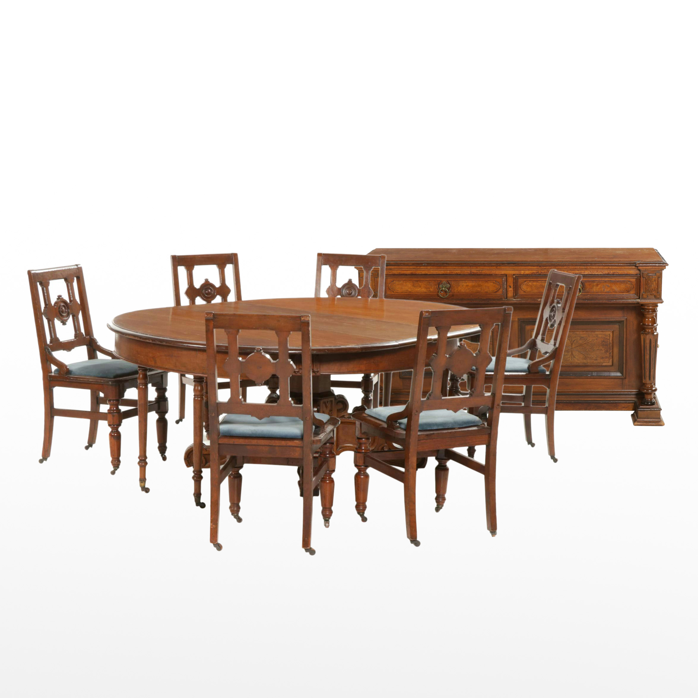 Victorian Carved Walnut Dining Table, Storage Sideboard and Chairs